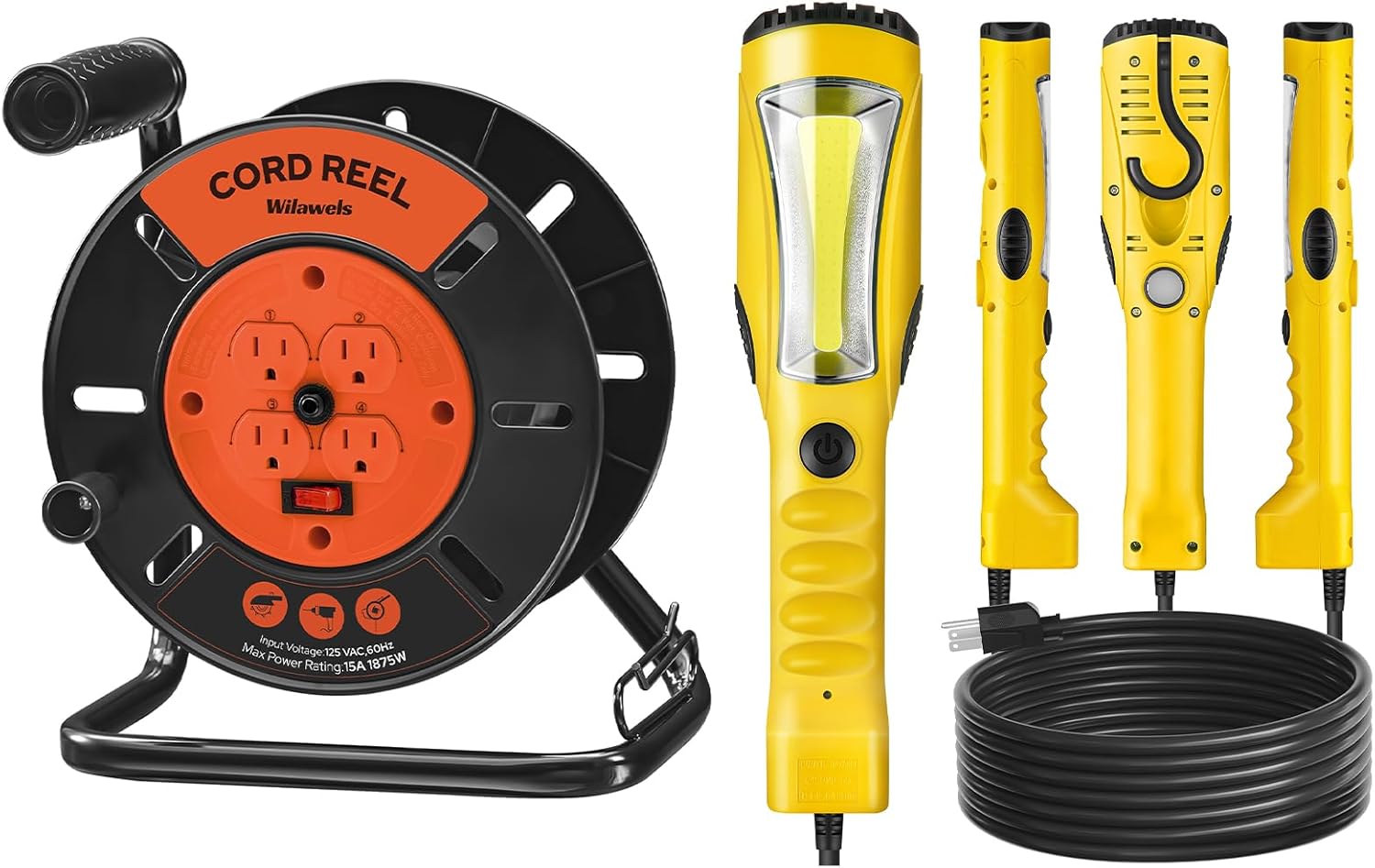Extension Cord Storage Reel 15A Circuit Breaker and 18W 2000LM 25FT LED Work Light Bundle, for Garage, Workshop, Car Repair Scene G95CR06- Y04WL06