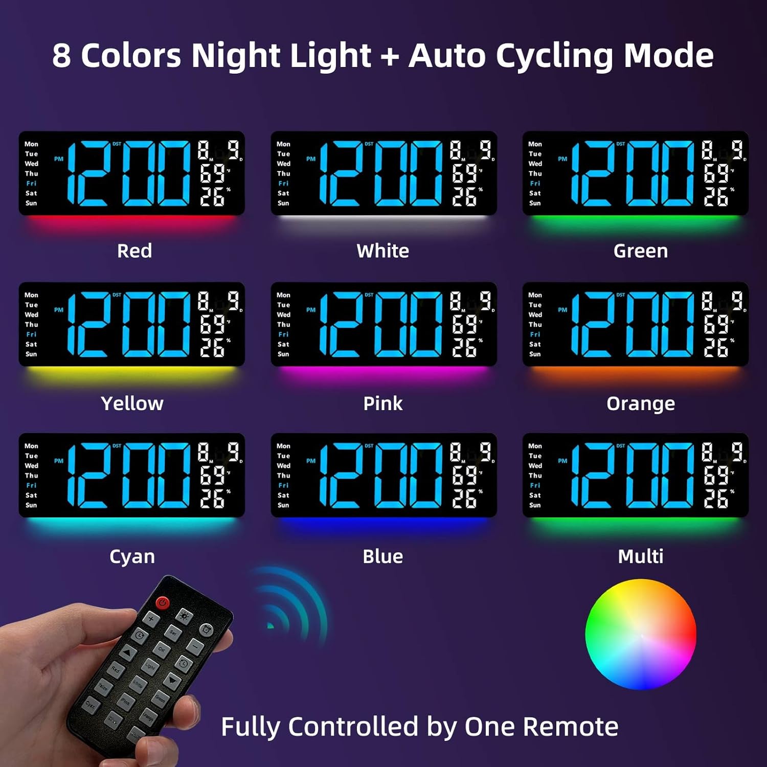 17.5” Digital Wall Clock, LED Display with Time, Date, Month, Temperature & Humidity, Remote Control DST, Alarm, Timer, 10-Level Brightness, Night Light for Home, Living Room, Bedroom & Office Décor