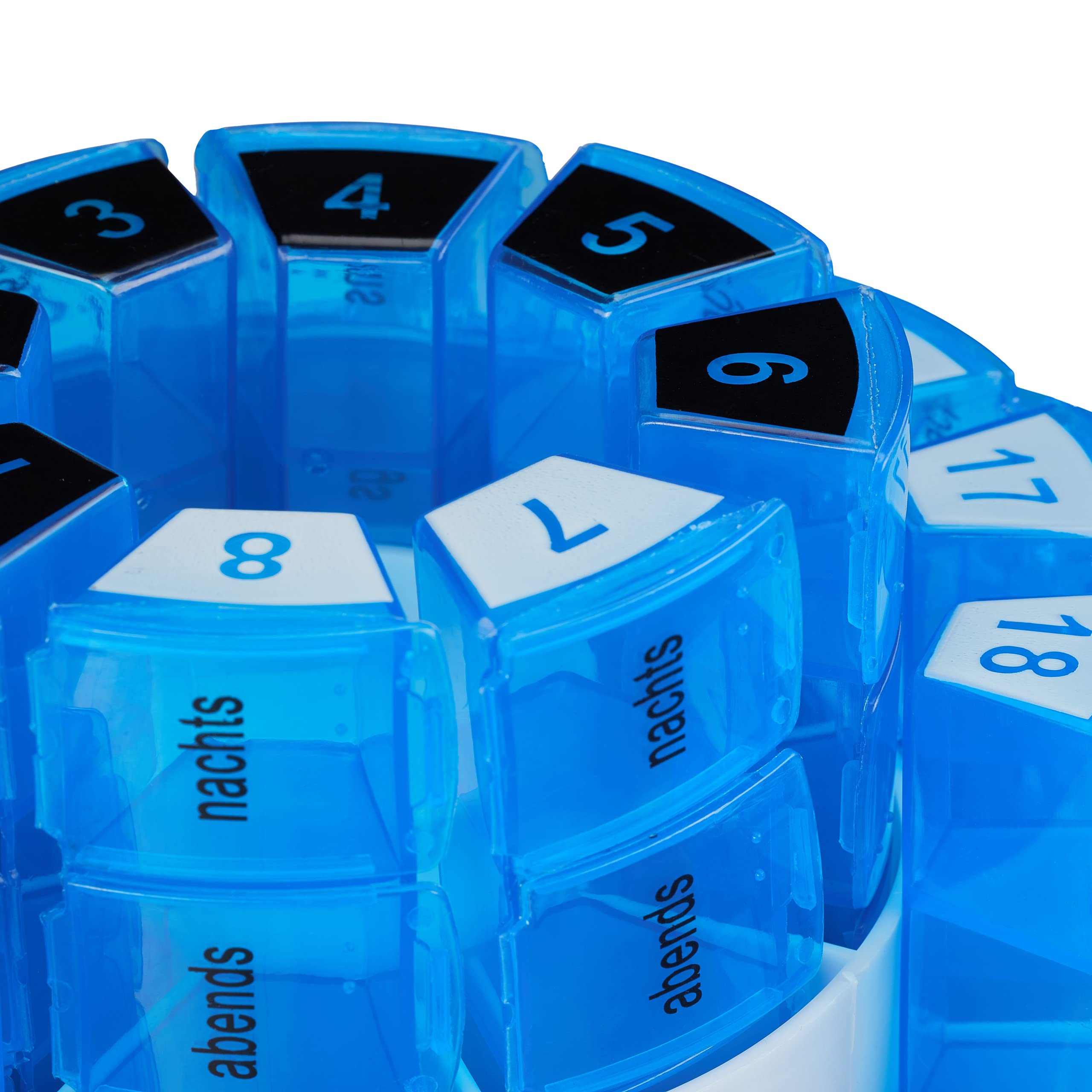 Relaxdays Pastillero Mensual, Organizador Pastillas Grande, 31 Días, 4 Tomas, Plástico sin BPA, Soporte, Blanco y Azul