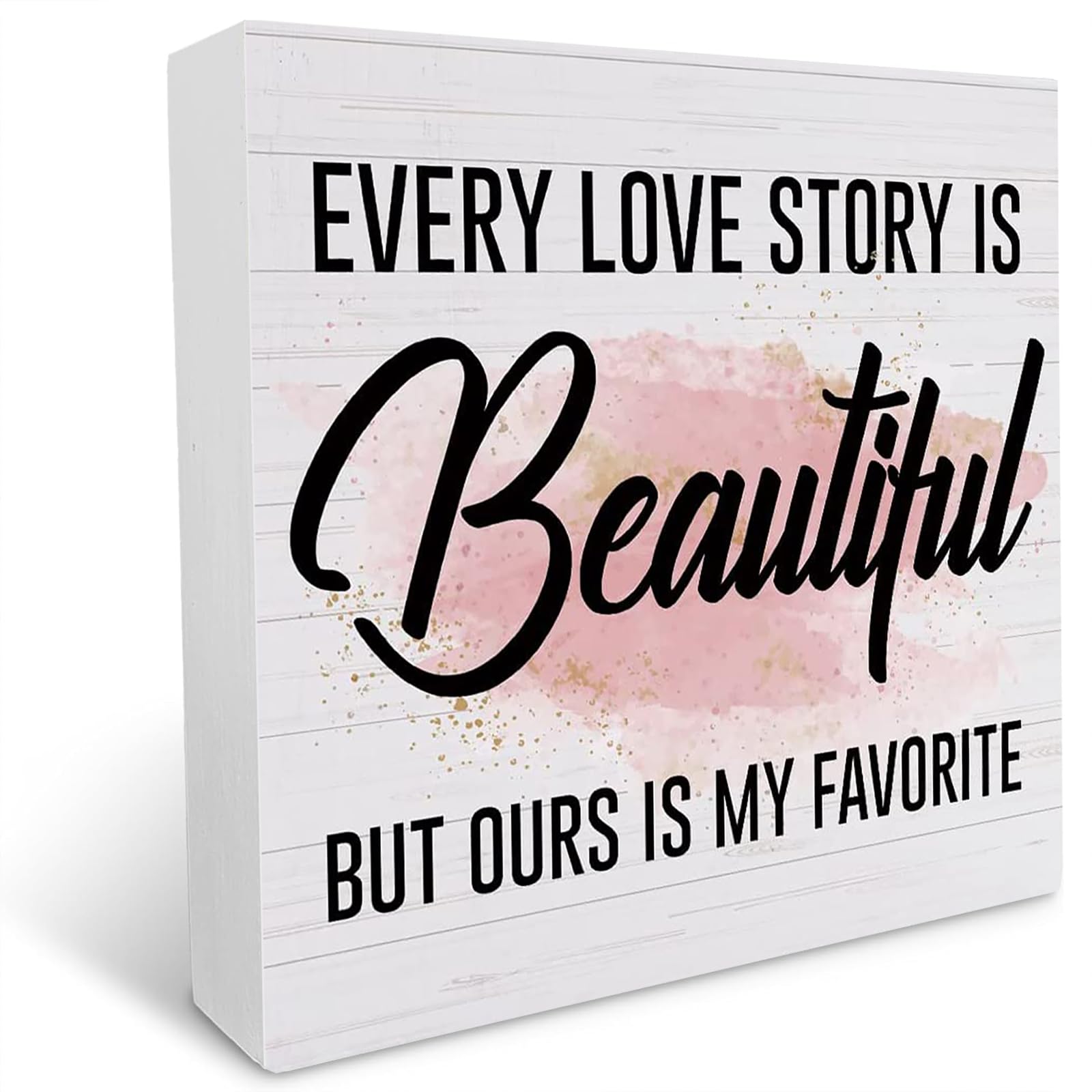 Every Love Story is Beautiful Wooden Box Sign Romantic Desk Decor I Love You Gifts for Him Her Rustic Wood Block Plaque for Home Bedroom Shelf Table Decoration Valentines Day Wedding Anniversary