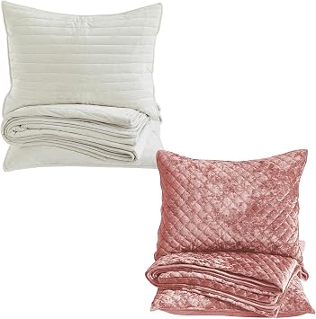 Luxury Soft Velvet Quilt Set, Striped Cream White King Size, Diamond Pink King Size for All Season 2 Quilt, 4 Pillow Shams