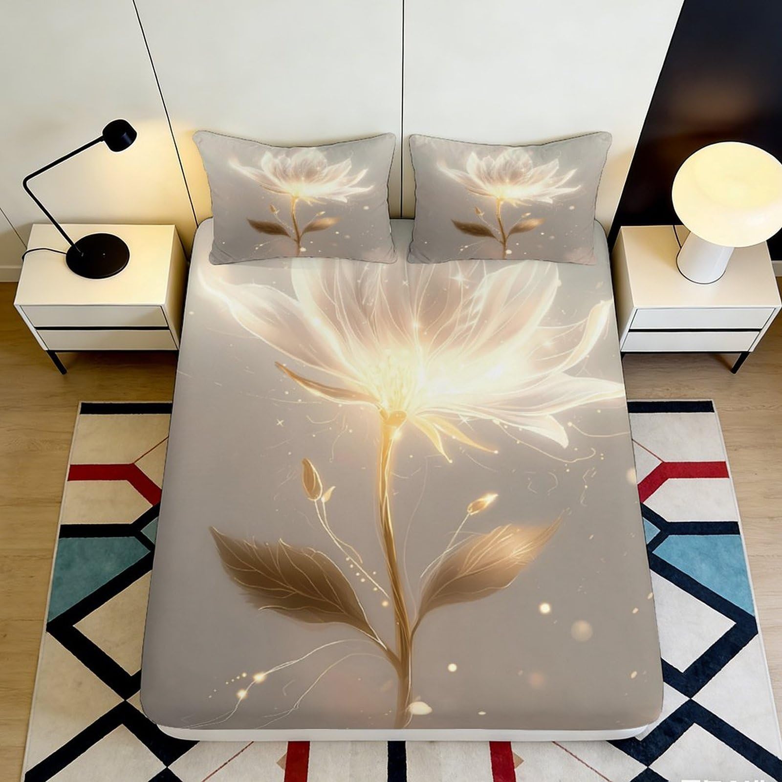 3D Printed Golden Flower Fitted Sheet Microfiber Soft Breathable Elegant Bloom Bed Cover for Bedroom Guest Room Decor 90x200x25cm