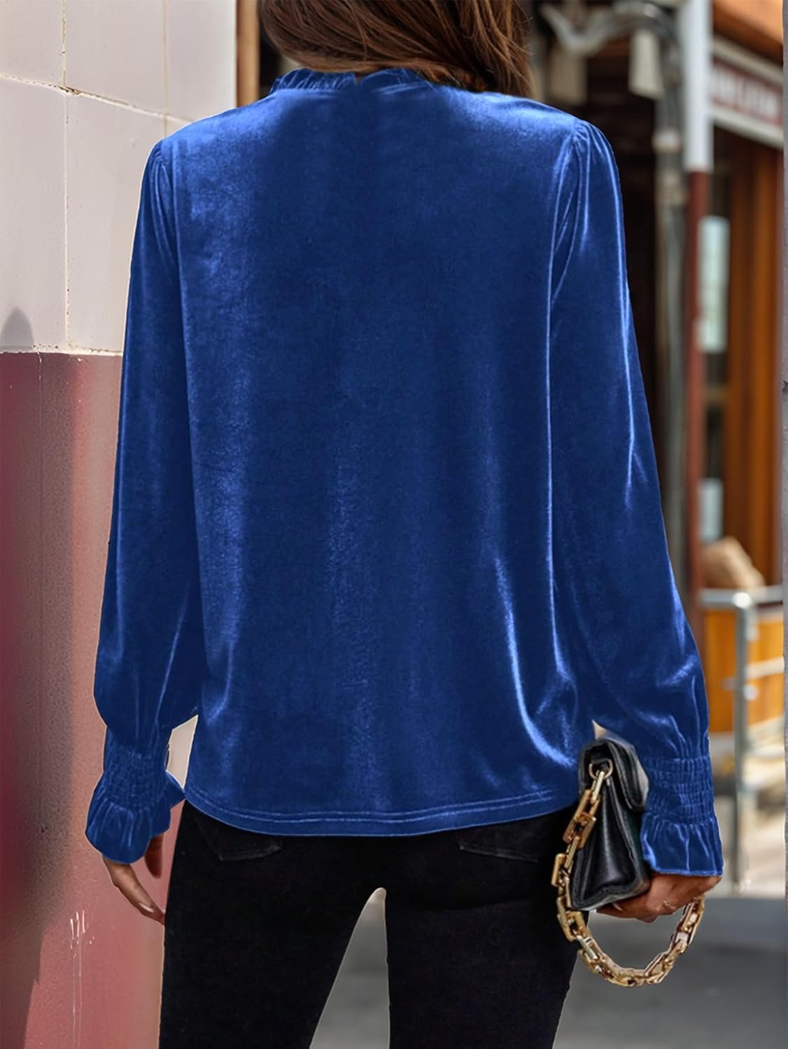 Long Sleeve Velvet Tops for Women, Frill Mock Neck Casual Loose Fit Fall Winter Velour Blouses - Image 2