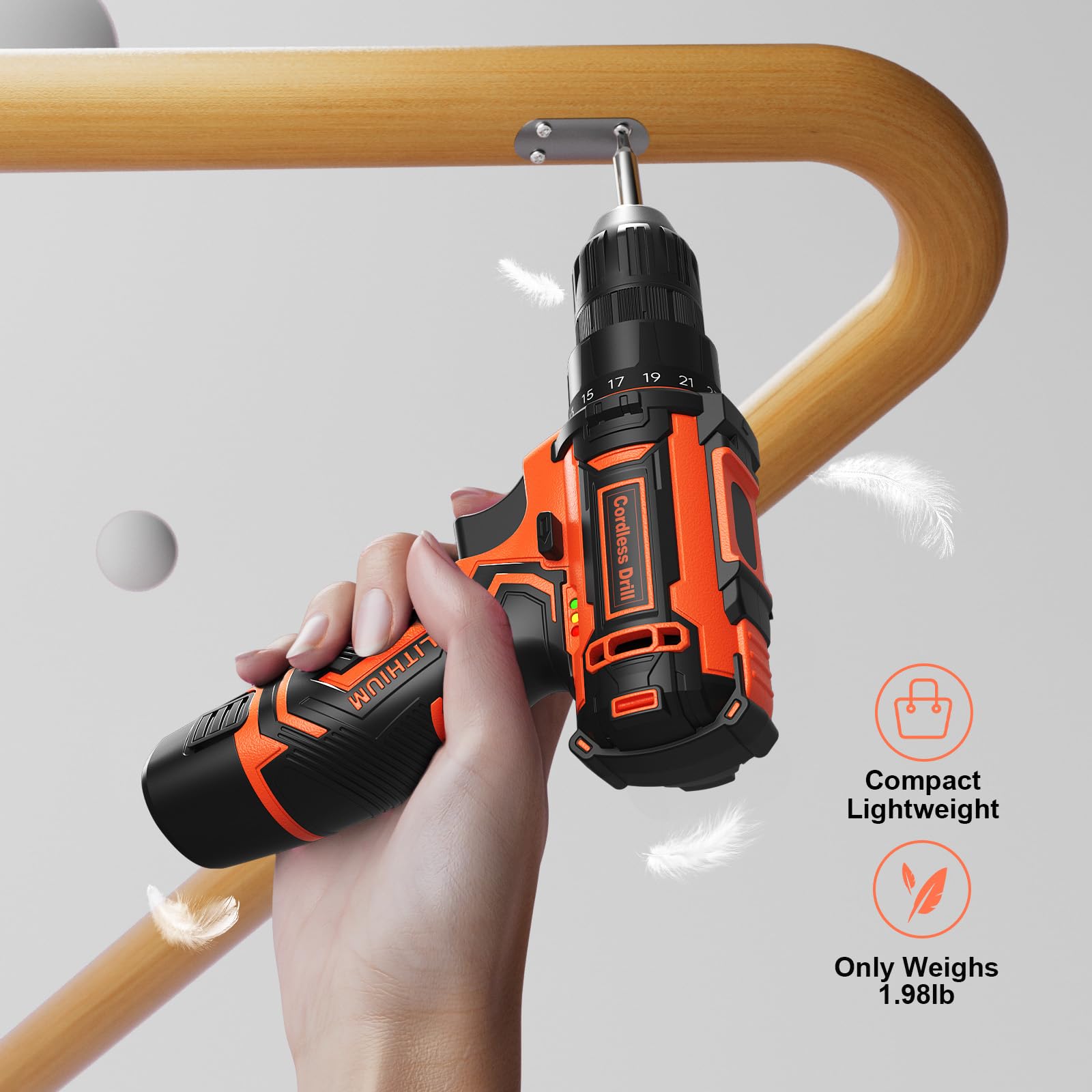Set di trapano senza fili, 12 V, mandrino autoserrante da 3/8", con 92 accessori, luce LED integrata, 25+1 posizione, trapano elettrico per progetti fai da te domestici (arancione)