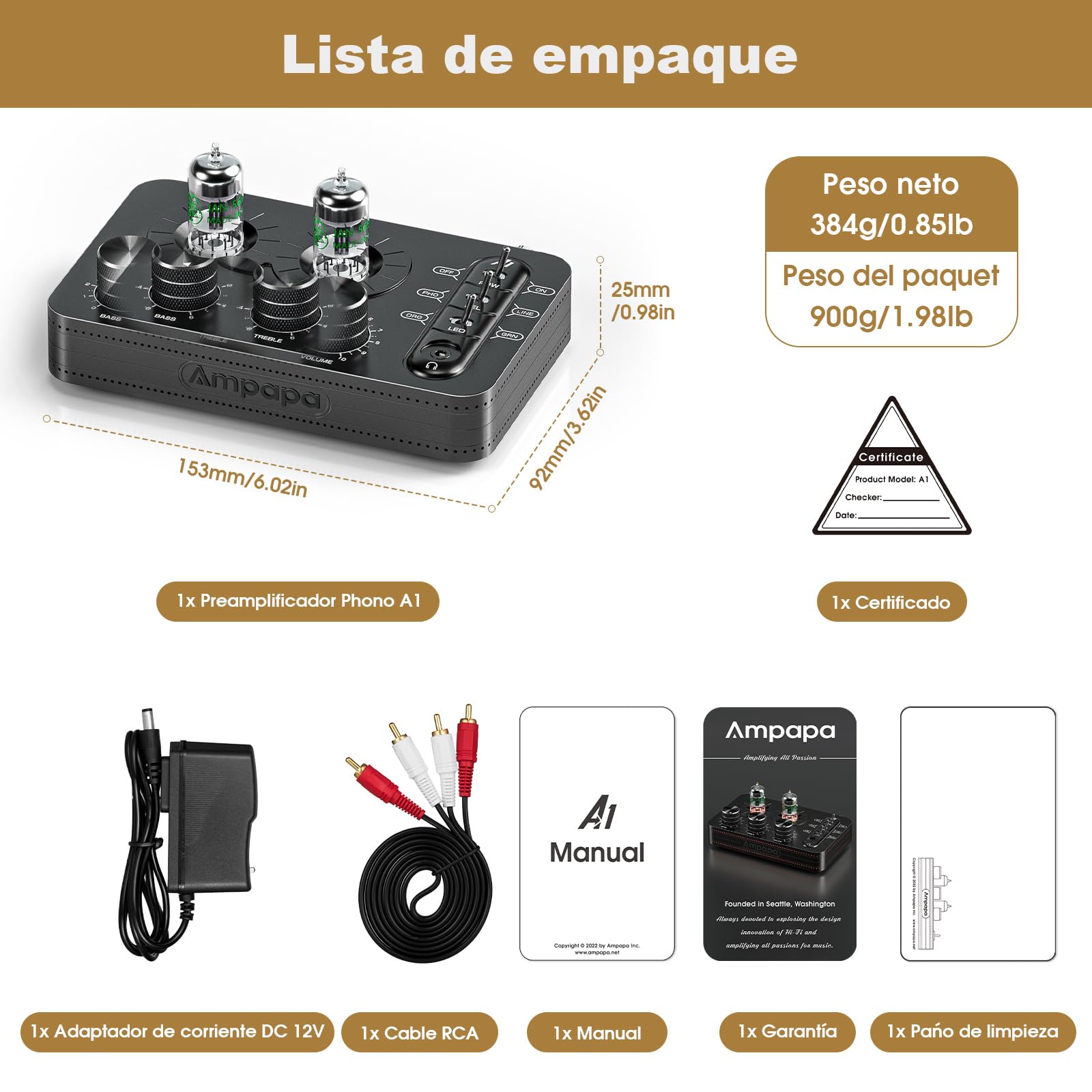A1 Preamplificador de Fono de Tubo: Amplificador de Auriculares, Preamplificador de Alta Fidelidad para Tocadiscos MM con Control de Tono para Sistemas de Audio Estéreo Domésticos