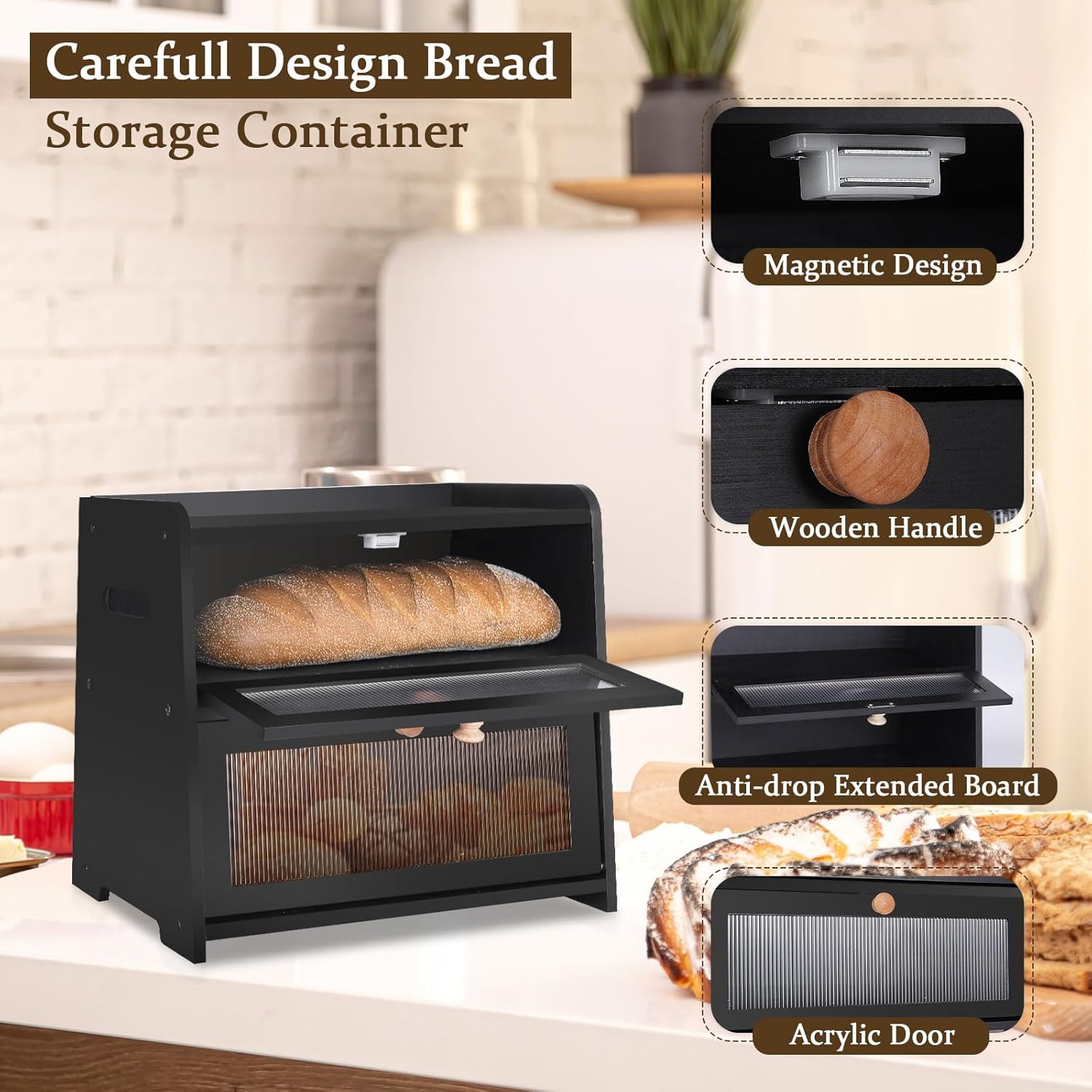 Bread Box for Kitchen Countertop, Bread Storage Container for Homemade Bread, Double Layer Wooden Breadbox Holder for Counter, Farmhouse Extra Large Loaf Keeper Bin with Vintage Window Black