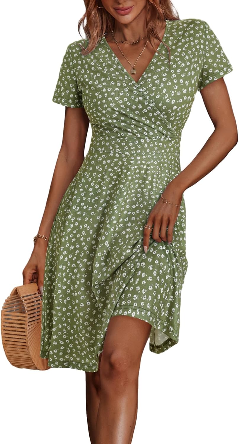 MSBASIC Womens Summer Wrap V Neck Casual Dresses Floral Short Sleeve A-Line Midi Sundress