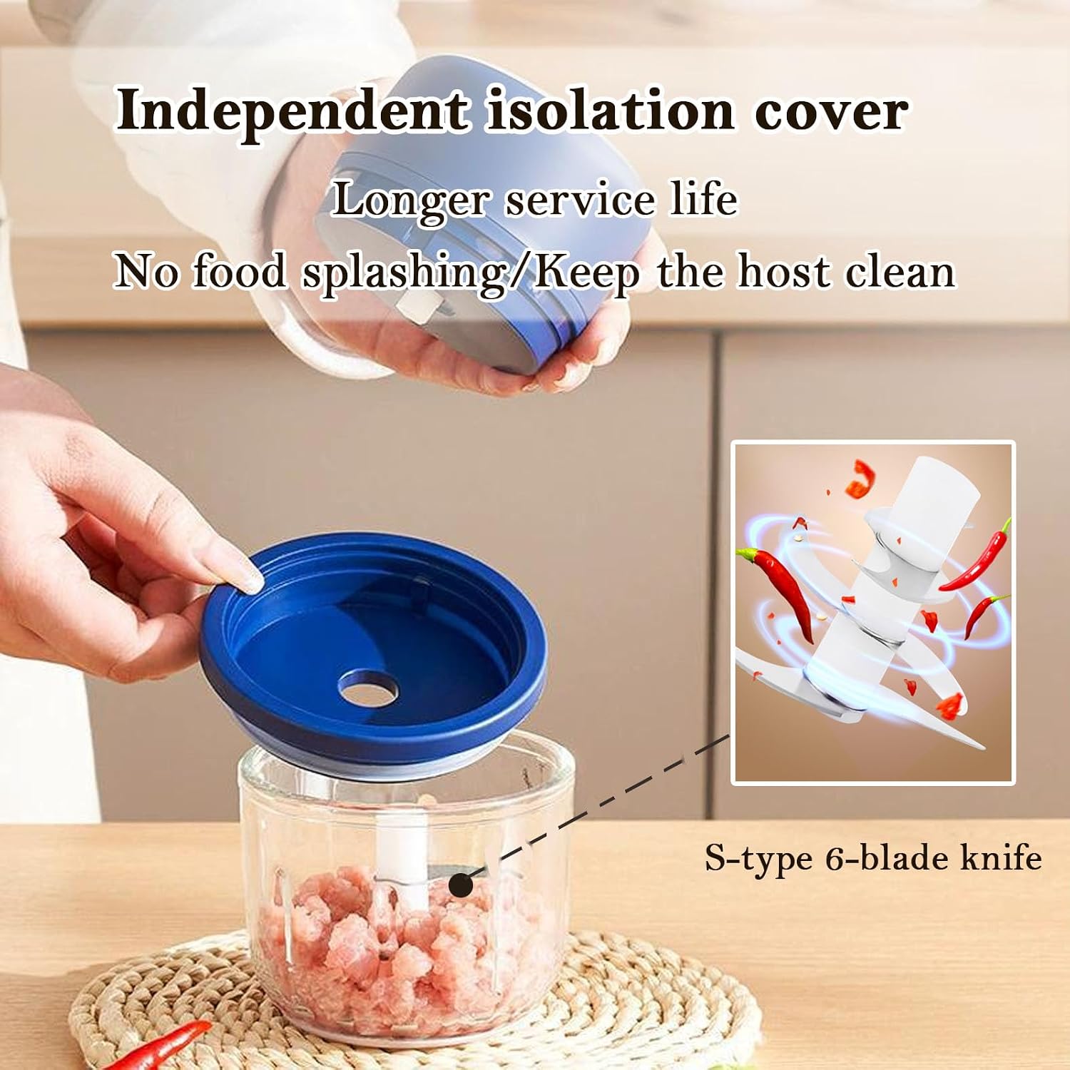 Food Chopper, Cordless Electric Food Processor, Mini Meat Grinder with 2 Blades and Dual Glass Bowls, for Meat, Vegetables, Fruits, Salad, Onion, Baby Food (Blue)