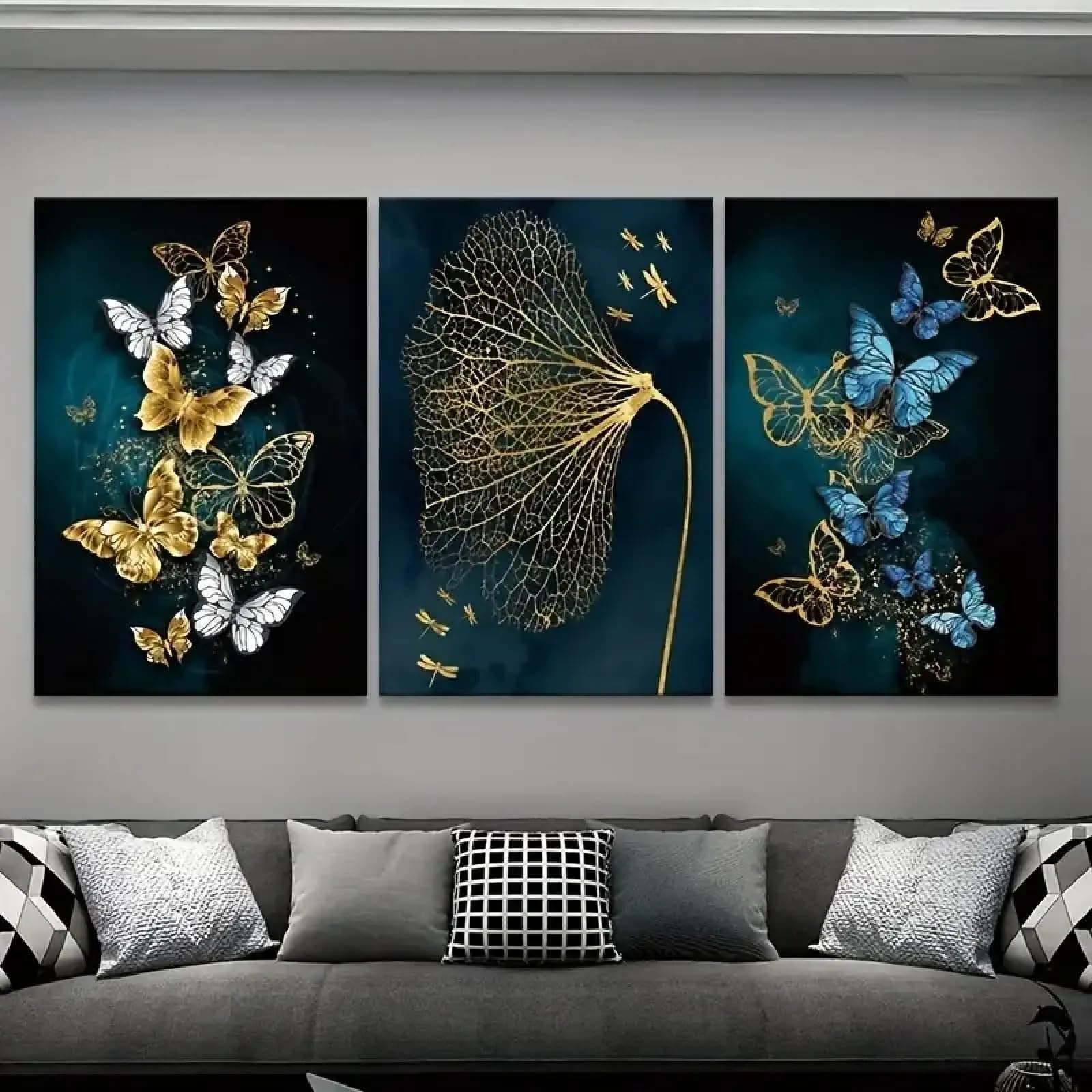 Cuadros de pared con hojas de mariposa azul dorado, pinturas artísticas, carteles de pared para decoración de sala de estar y dormitorio, impresiones en lienzo, carteles de 30 x 50 cm x 3 con marco