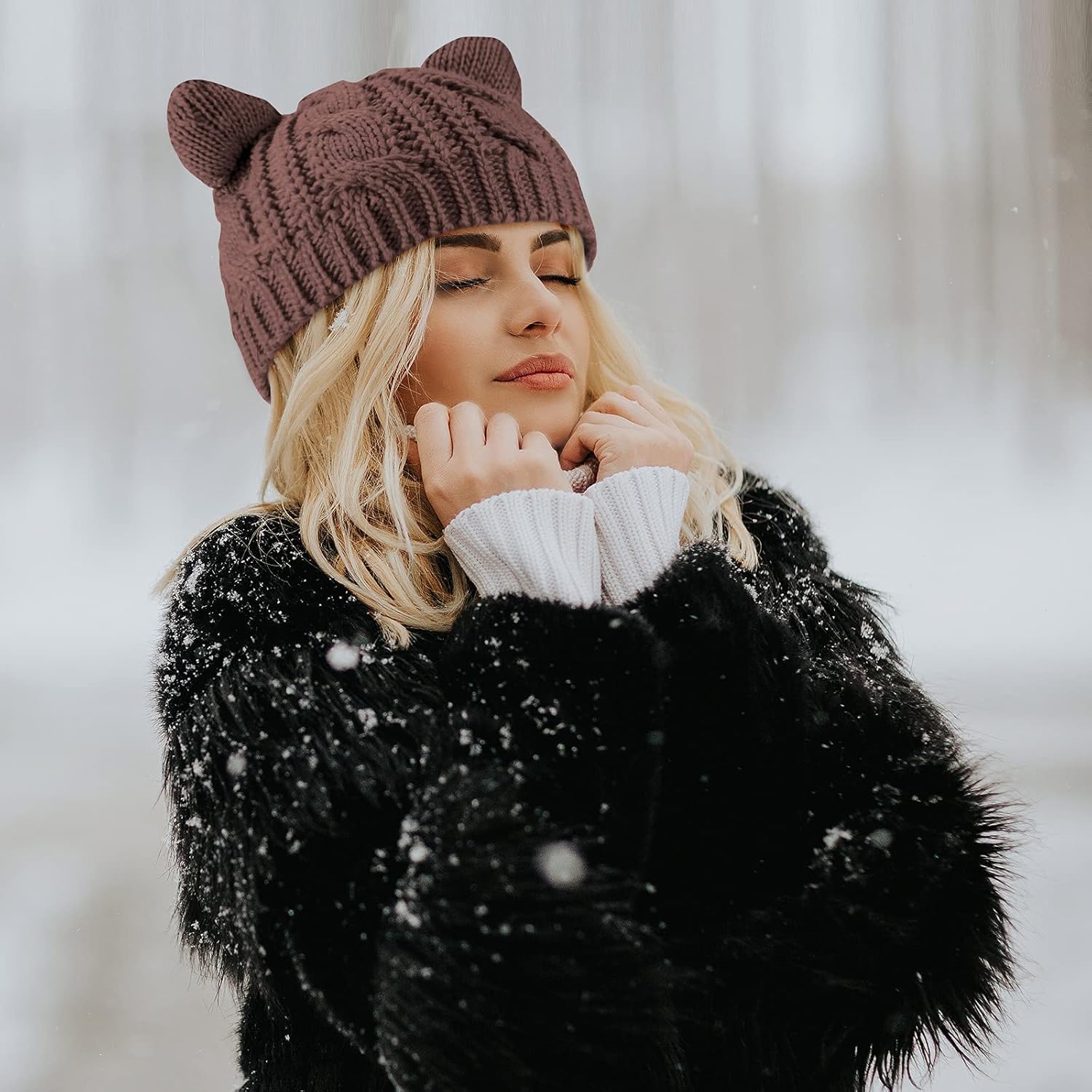 SATINIOR Cat Ear Beanie Hats Cute Cat Knitted Winter Knit Cable Hat for Women - Image 4