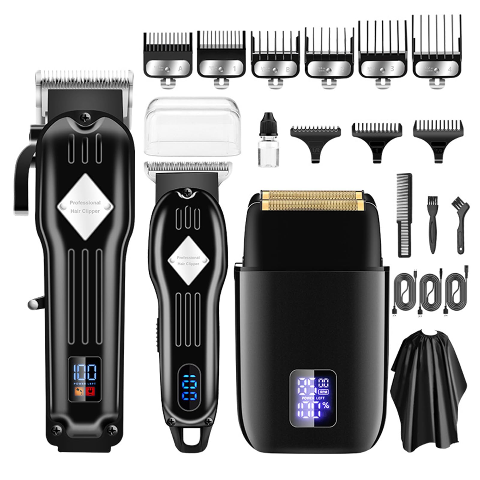 Aoresac Kit per la cura dei capelli 3 in 1, tagliacapelli senza fili, kit per barbiere con display LCD, 9 pettini guida, rete laminata inclusa (nero)