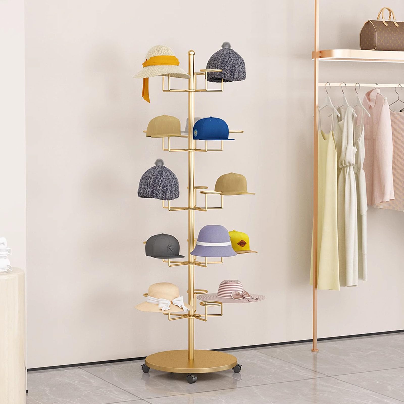 Présentoir pour chapeaux et perruques autoportant en métal de grande taille