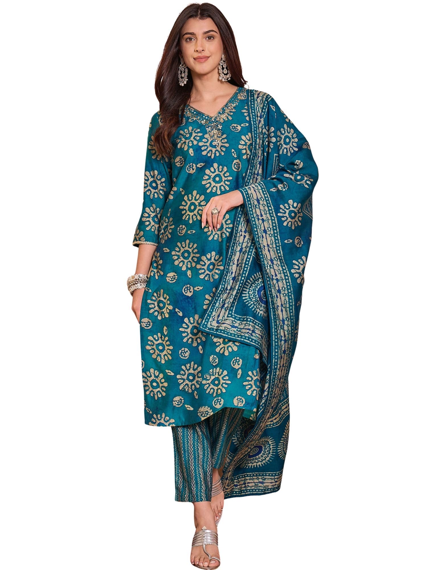 vaamsi Women's Blue Cotton Blend Printed Straight Abstract Kurta Trousers With Dupatta Set | Festive Straight Kurta Set For Women | Abstract Salwar Suit For Women-picture-32