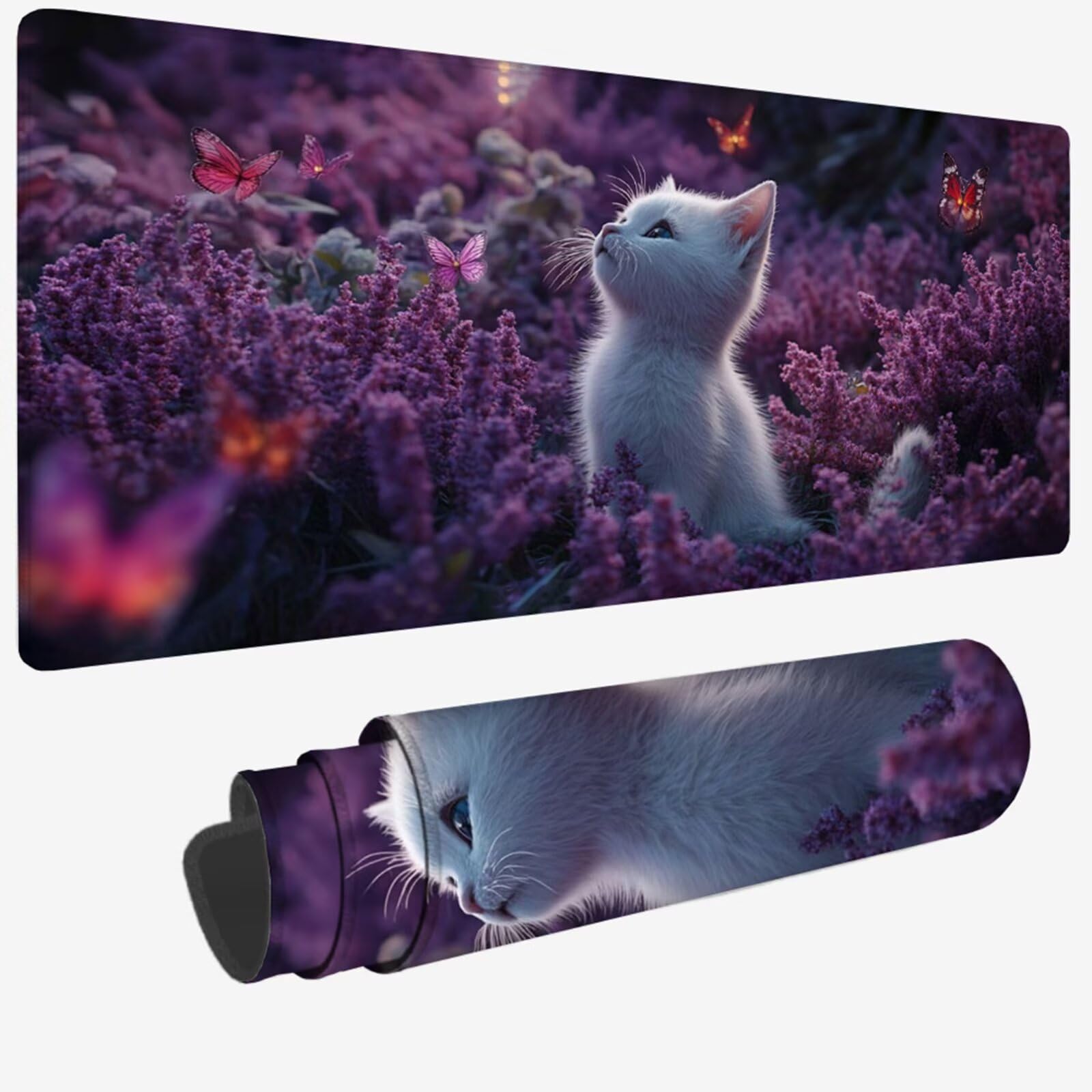 Podkładka pod mysz XXL 1500 x 800 x 3 mm, fioletowa duża podkładka pod mysz z wodoodporną i gumową antypoślizgową podkładką pod mysz dla kota pod ręką zszyte krawędzie, poprawia precyzję i szybkość