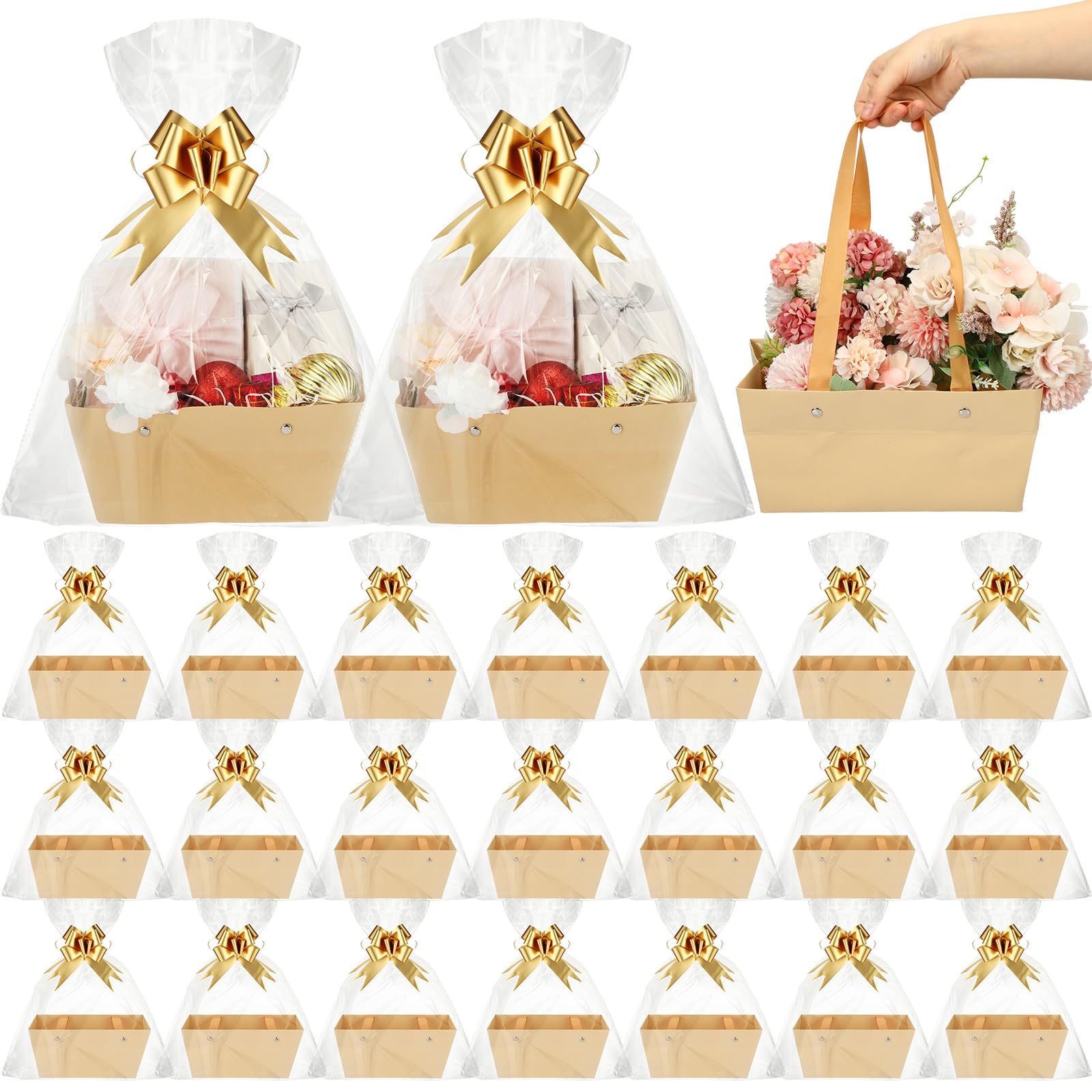 PerKoop Geschenkkörbe, leere Geschenkkörbe für Geschenke, leere transparente Plastiktüten, 16,5 x 24 cm, dicker Kraft-Geschenkkorb zum Befüllen für Geburtstag, Hochzeit, Brautparty, Snacks, Khaki, 24