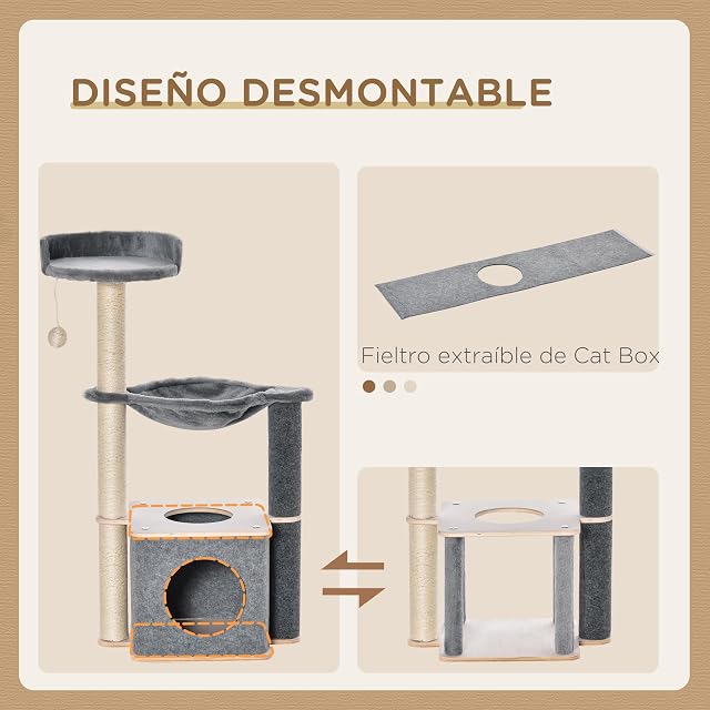 Foto 6 de 8 de PawHut Árbol Rascador para Gatos 48x34x95 cm Torre para Gatos con Hamaca Plataformas Cueva Extraíble Bola…