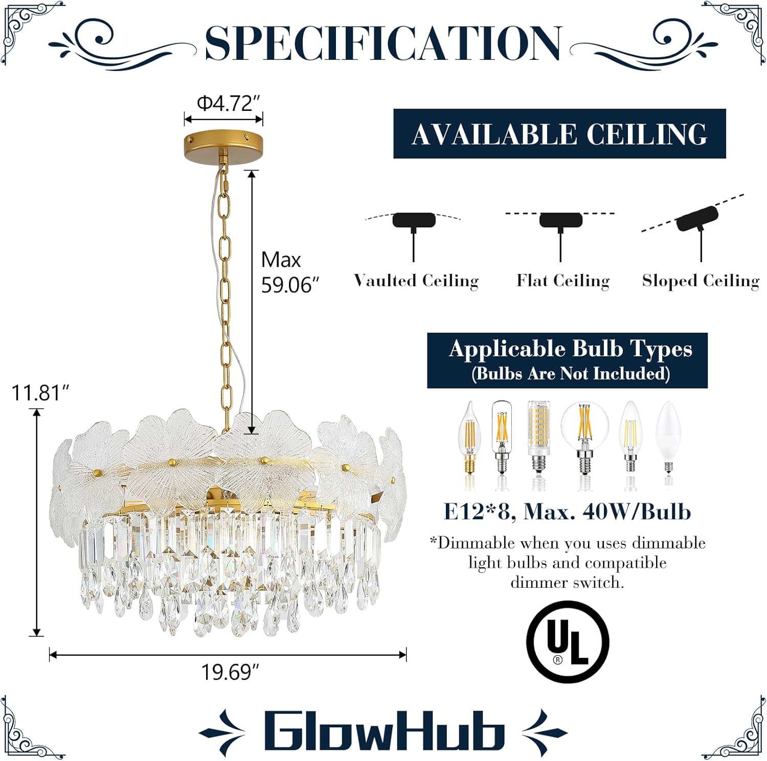 GlowHub Modern Crystal Chandelier, Gold Flower Chandelier 20" Round Pendant Light Fixture, 4-Tier K9 Crystals 8-Light with Ajustable Hanging Chain for Dining Room Foyer Bedroom