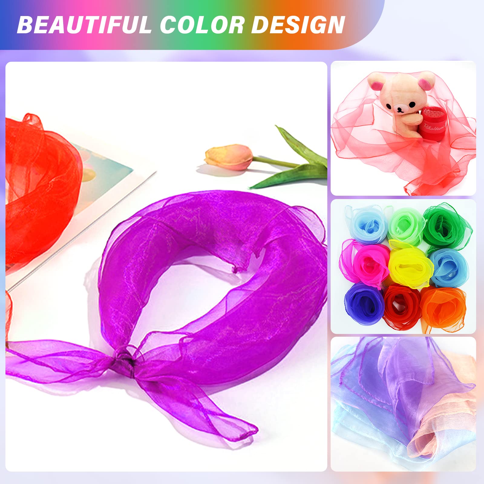 Probuk 7pcs Foulard de Danse Enfant Foulard Jonglage pour Enfant, Foulard de Danse Colorées, Foulards de Gymnastique pour Enfants de Maternelle pour la Danse, Le jonglage, Les Jeux-45 x 45 cm