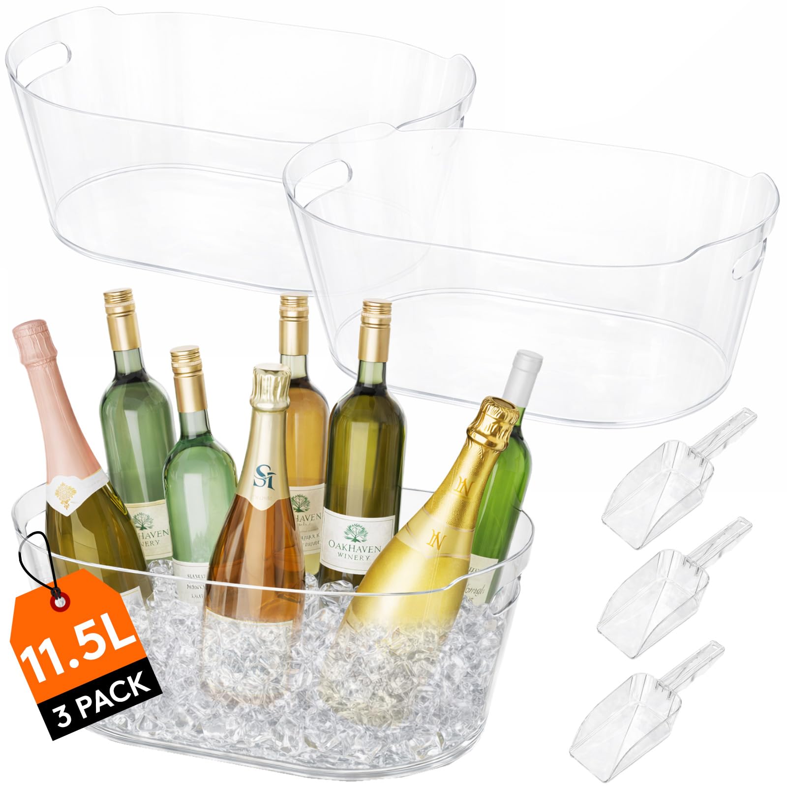Lifewit Lot de 3 grands bols à champagne de 11,5 l avec pelle à glace pour bars à cocktails, refroidisseurs de bouteilles en plastique (42 × 28 × 16 cm) pour vin, bière, refroidisseur de boissons
