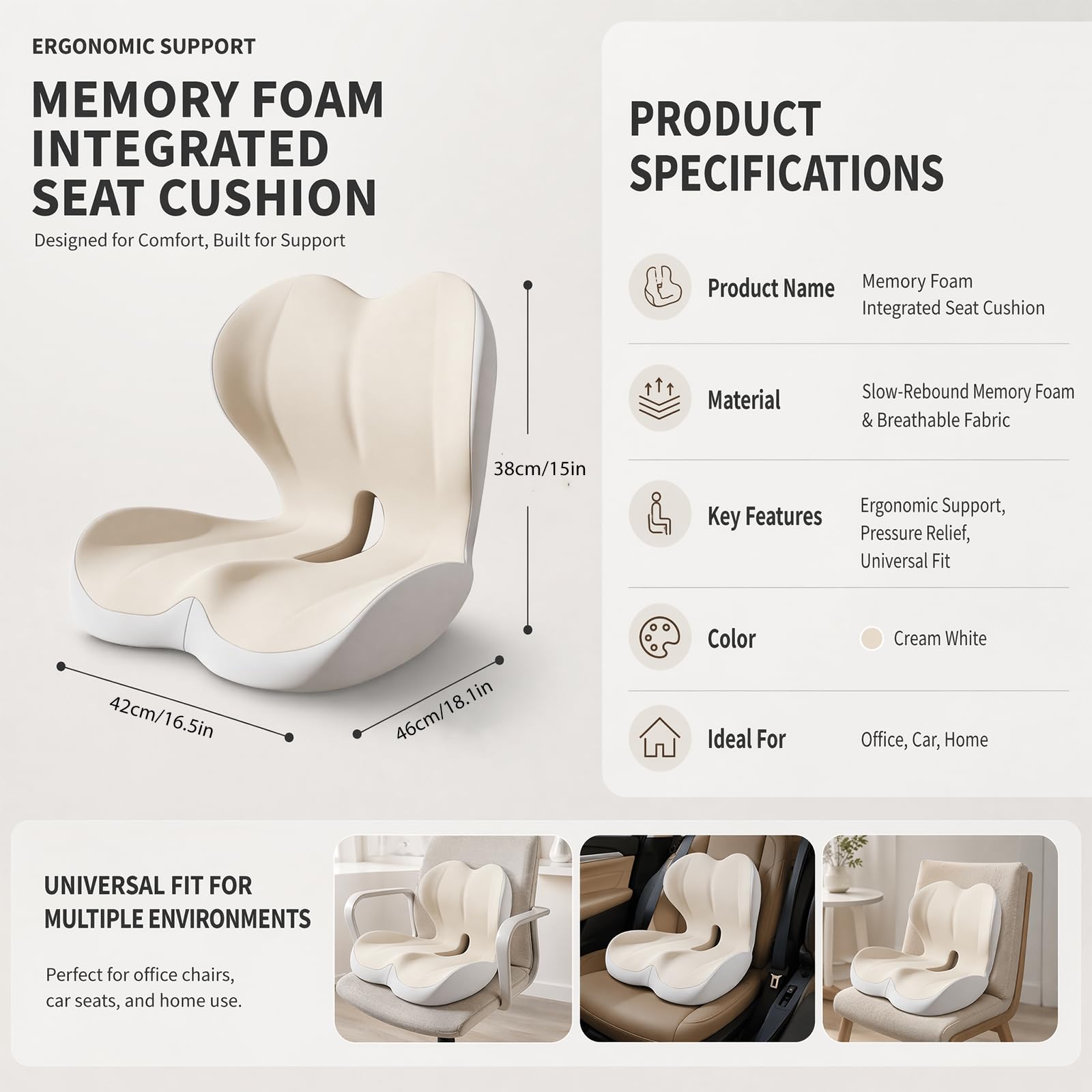 Orthopädisches Sitzkissen mit Rückenlehne, L Förmiges Sitzkissen Bürostuhl & Auto, Ergonomisch Steißbeinkissen Memory Foam, Atmungsaktivem Steißbein-Ausschnitt, für Bürostuhl, Autositz