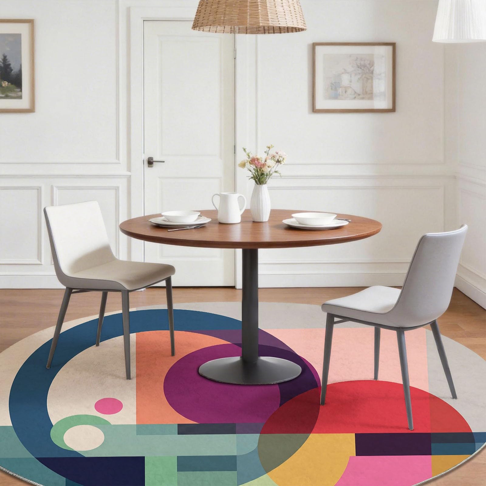 Nowoczesny okrągły dywan do salonu 120 cm, geometryczne koła prostokąty półokręgi dywan sypialnia zmywalny antypoślizgowy dywan sypialnia, miękki dywan do jadalni do kuchni balkon