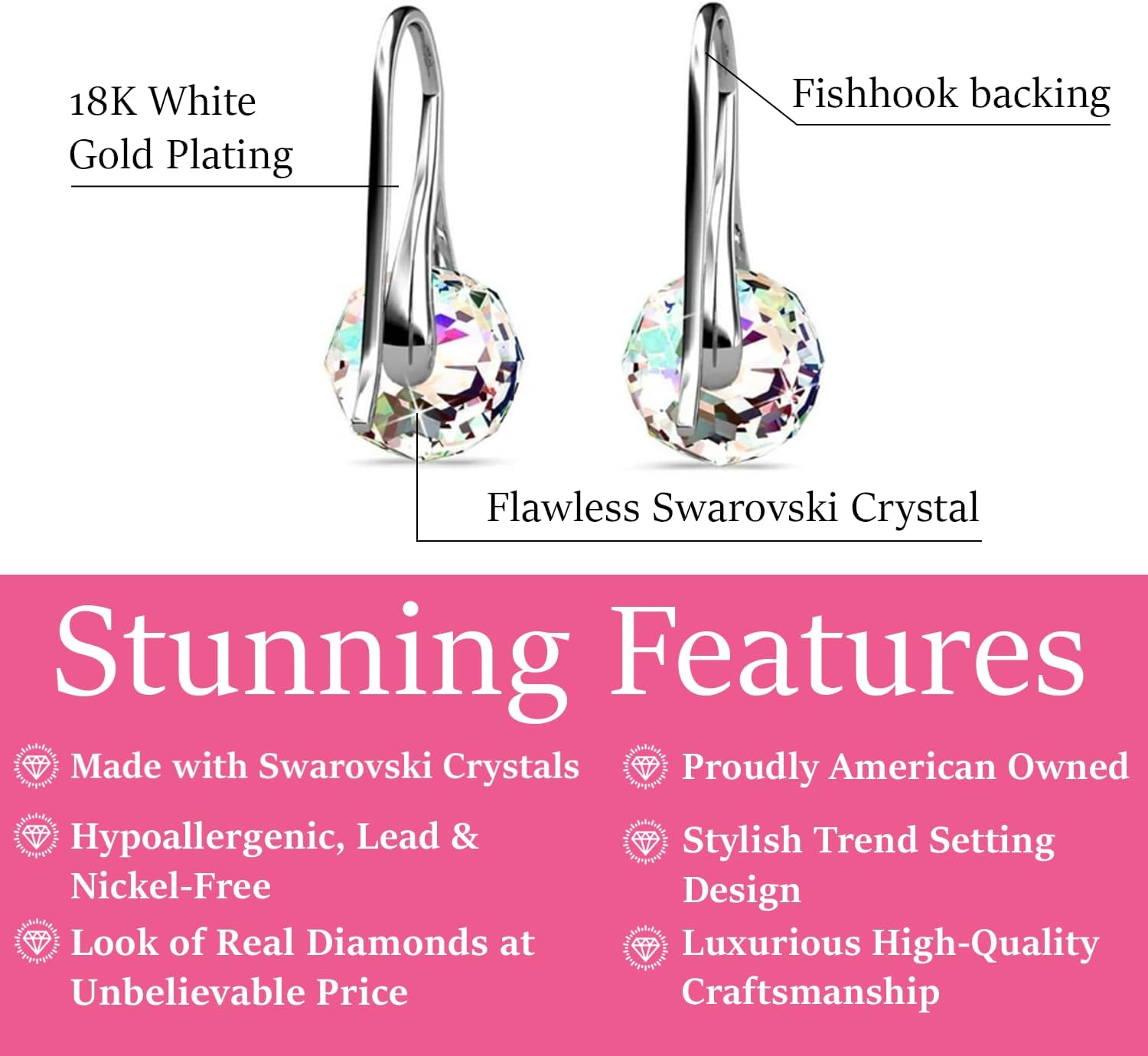 Cate & Chloe Destiny 18k White Gold-Plated Drop Earrings with Round Cut Simulated Diamond Crystals, Hypoallergenic Jewelry for Women, Giftable Accessory Christmas, Birthday, Anniversary