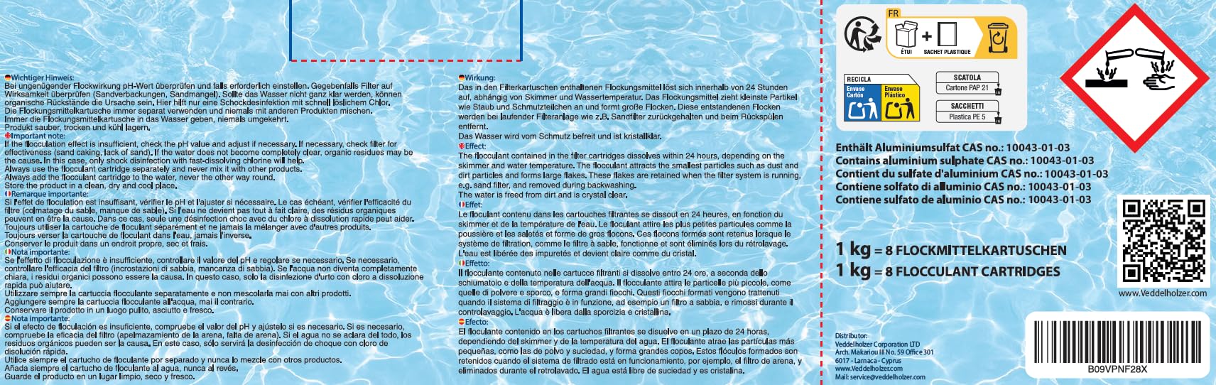 Veddelholzer 1 kg Cartouches de floculant pour Piscine, 8 x 125 g, pour filtres à Sable, Verre filtrant et Boules filtrantes, Aide à la Clarification de l’Eau