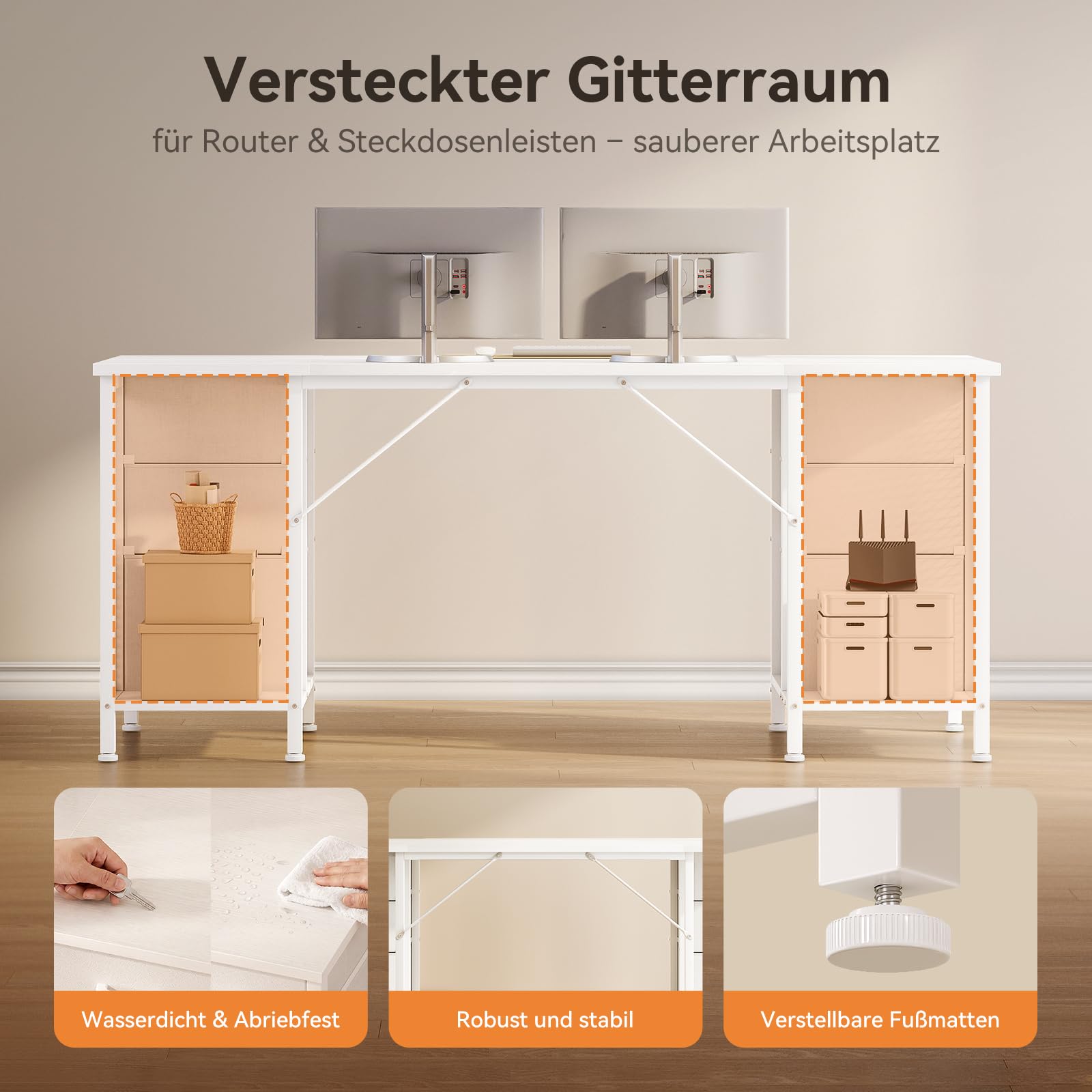 Coleshome Schreibtisch mit 6 Stoff Schubladen, 160×52 cm, Weiß | Computertisch mit Ablageflächen, Bürotisch mit CPU-Halterung, für Homeoffice, Arbeitszimmer & Büro