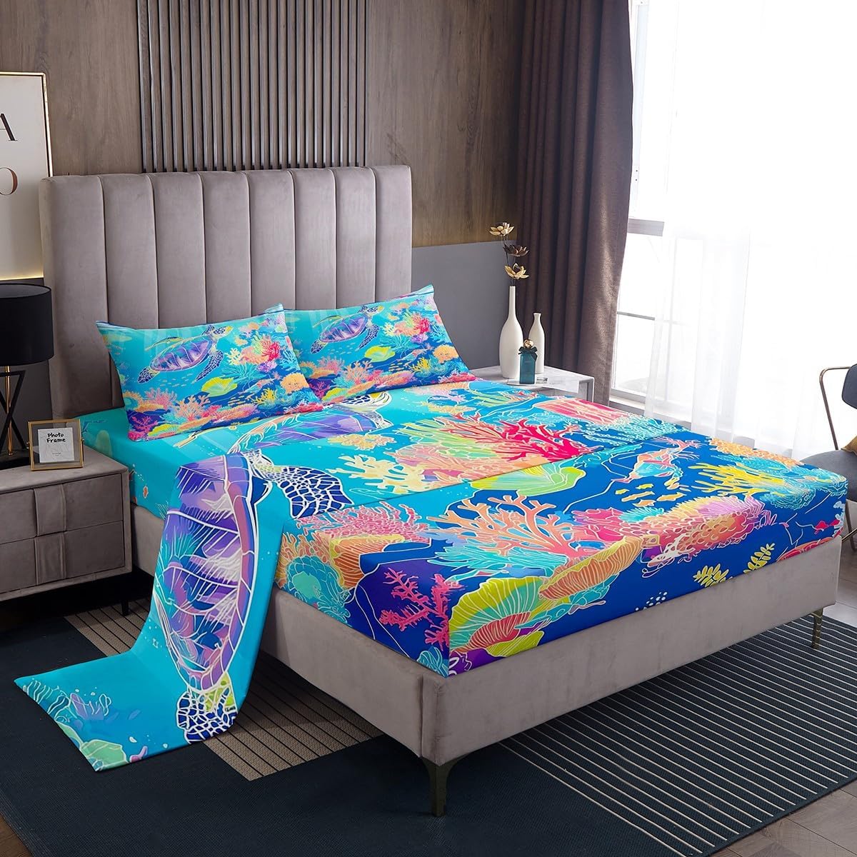 Ocean Turtle Bed Sheets Twin Size,Watercolor Coral Bedding Set 3Pcs for Kids Girls Boys Adult Room Decor,Sea Animal Plants Fitted & Flat Sheet Tropical Hawaii Beach Bed Cover,1 Pillowcase