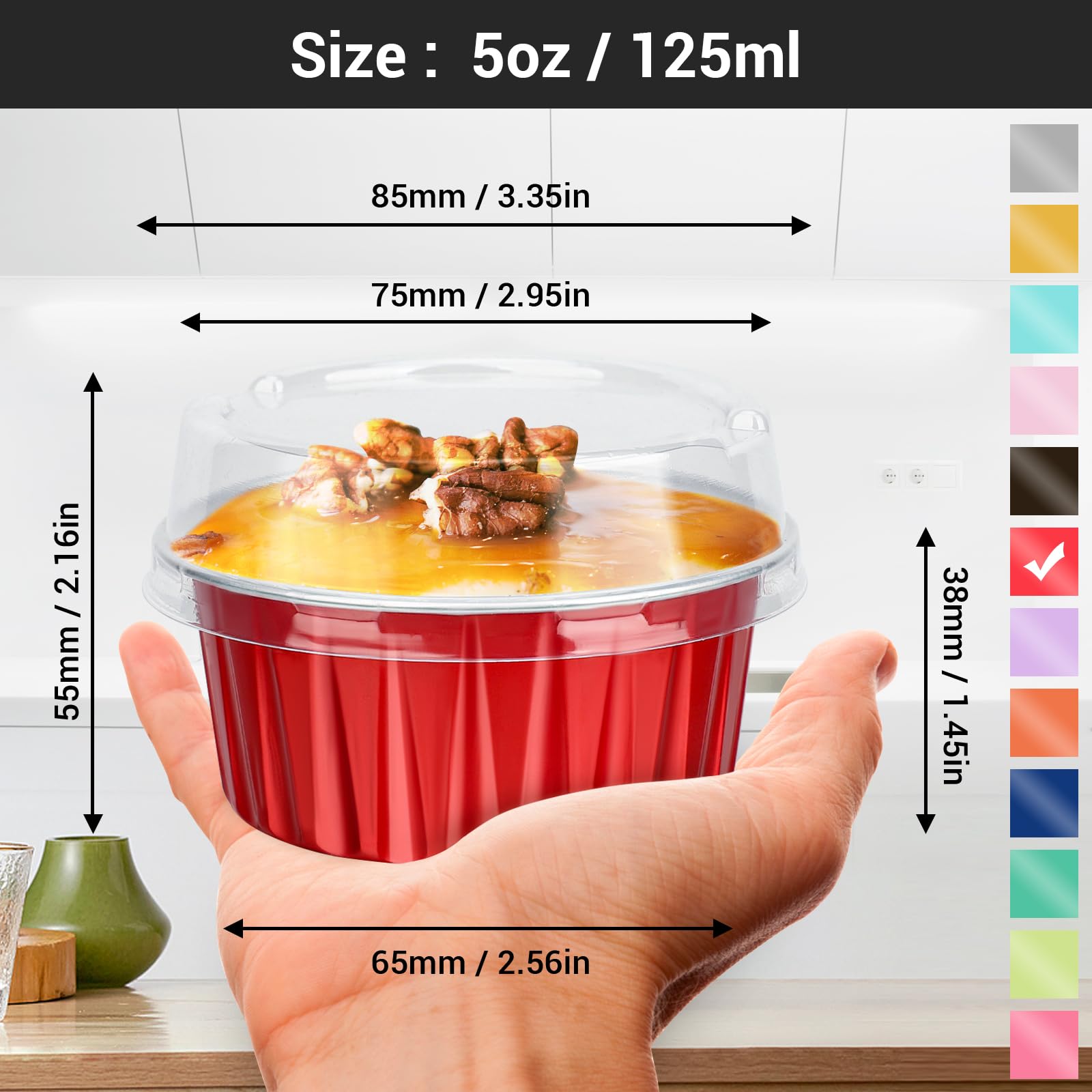 EUSOAR Mini moldes para tartas con tapas, 200 vasos de aluminio desechables de 5 onzas con tapas para postre de pastel de queso y flan de crema brulee, mini recipiente de aluminio para hornear para