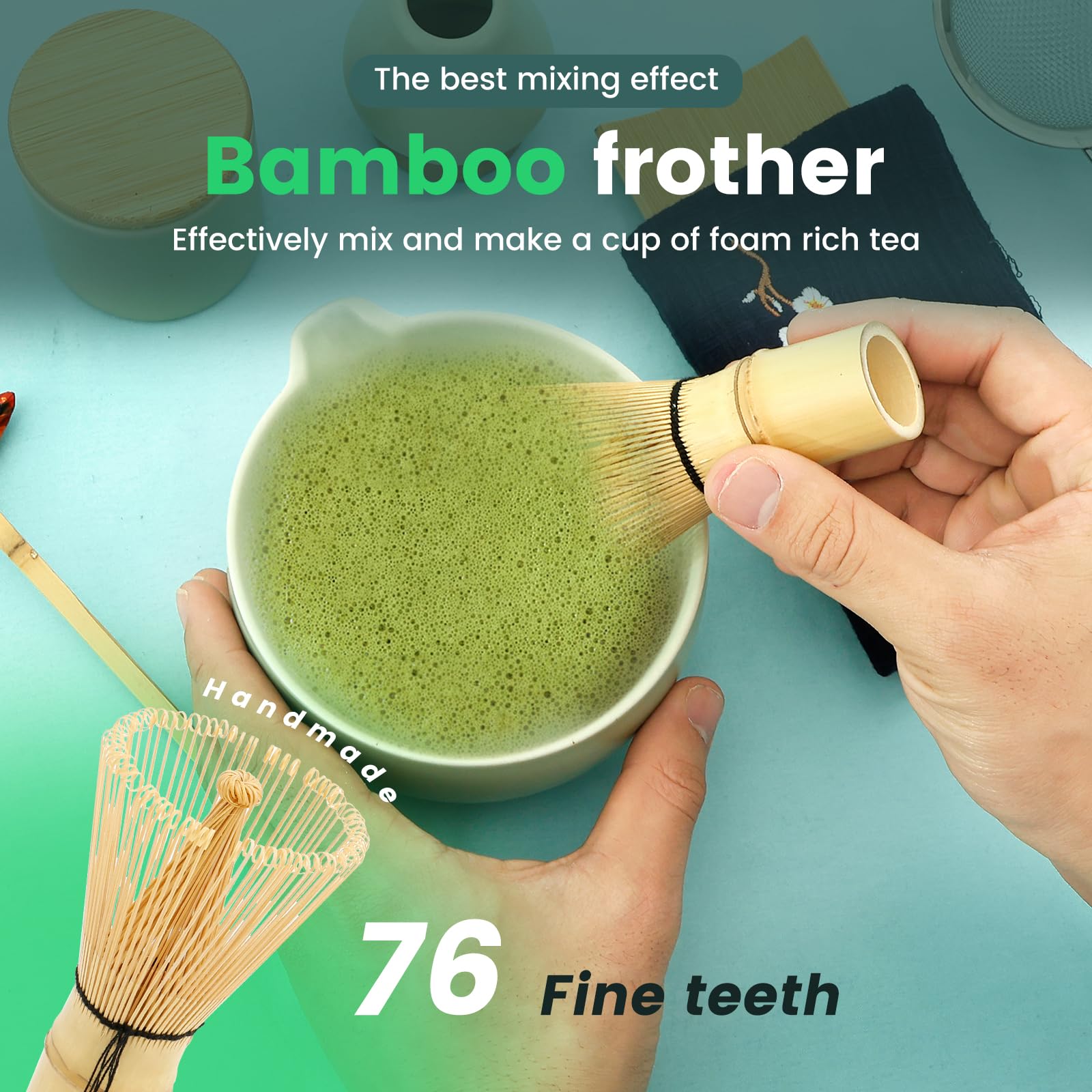Matcha Set, 9 Stück Schneebesen Set Teelöffel Besenhalter Löffelhalter Schüssel Küchenhandtuch Sieb und Pulverbox Japanisches Matcha-Zeremonie-Zubehör (9 Zoll)