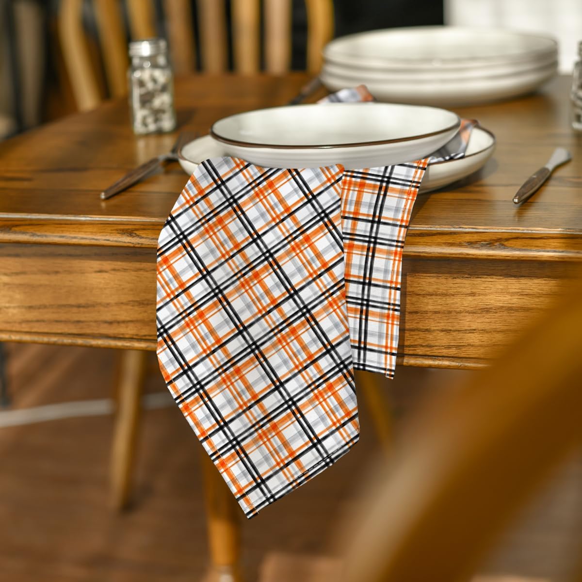 Horaldaily Halloween Cloth Napkins, Orange Buffalo Plaid Napkins Set of 4