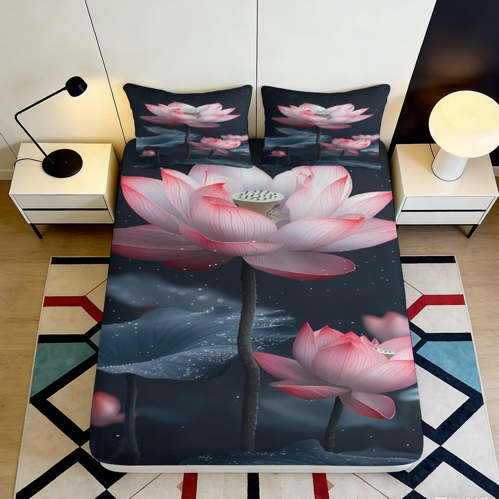 Lotus Inspired 3D Printed Fitted Sheet Microfiber Deep Pocket Non-Slip Bedroom Lotus Mattress Fitted Cover Wrap 200x200x25cm 90x200x25cm