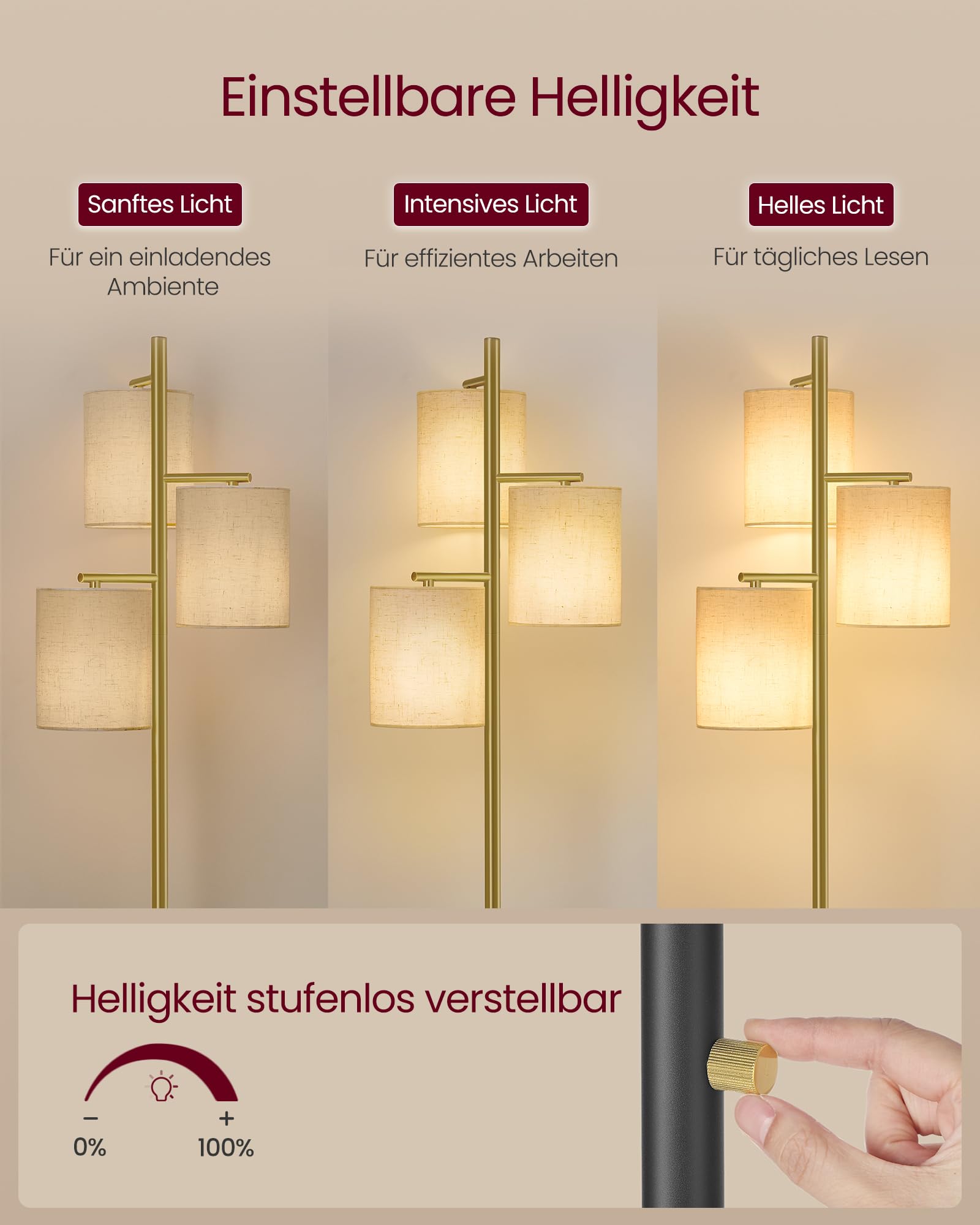 VASAGLE Stehlampe Dimmbar, Stehlampe Wohnzimmer, Standleuchte mit 3 Glühbirnen, modern Stehleuchte, Lampenschirm aus Stoff, 3 E27 Fassungen, für Kinderzimmer,Schlafzimmer, Büro gold-schwarz LFL003B02