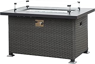 Domi 43in Propane Fire Pit, 50,000 BTU Auto-Ignition Gas Fire Pit Table with Lid, Glass Wind Guard, Glass Rocks, Weather Cover, ETL Certification, Fire Table with Rattan Base and Aluminum Tabletop