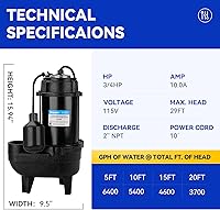 Vista 7 de Acquaer 3/4HP Bomba sumergible de efluentes de aguas residuales, hierro fundido, interruptor de flotador automático amarrado de 115V 6400 GPH, bomba