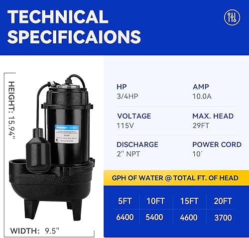 Miniatura 7 de Acquaer Bomba sumergible de efluente de aguas residuales 34HP, hierro fundido, interruptor de flotador automático atado de 115 V 6400 GPH, bomba de