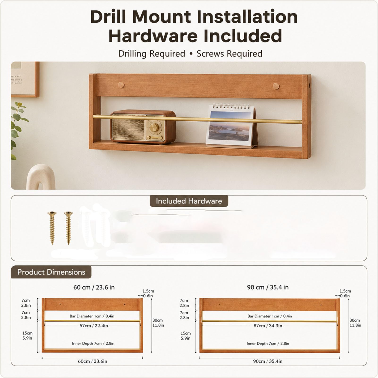 Zeitschriftenhalter Wand aus Holz und Metall für Bücher und Post | Platzsparender Literatur Organizer 60 oder 90 cm breit Kirschbaumfarben Walnussfarben Zeitungen Akten Kataloge Büro Flur