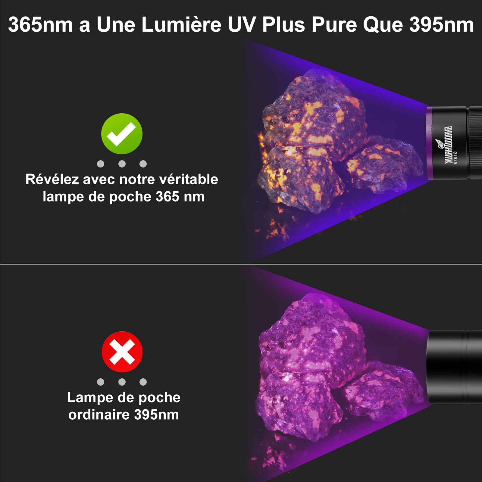 Shadowhawk 365nm Lampe Torche UV Avec Lentille Filtrante - 30W Lumiere Noire 4-Cœurs Lampe Ultraviolet Rechargeable, Alliage D'aluminium Lampe Wood pour Détecteur d'Urin/Roche/Fluorescéine/Banknotes