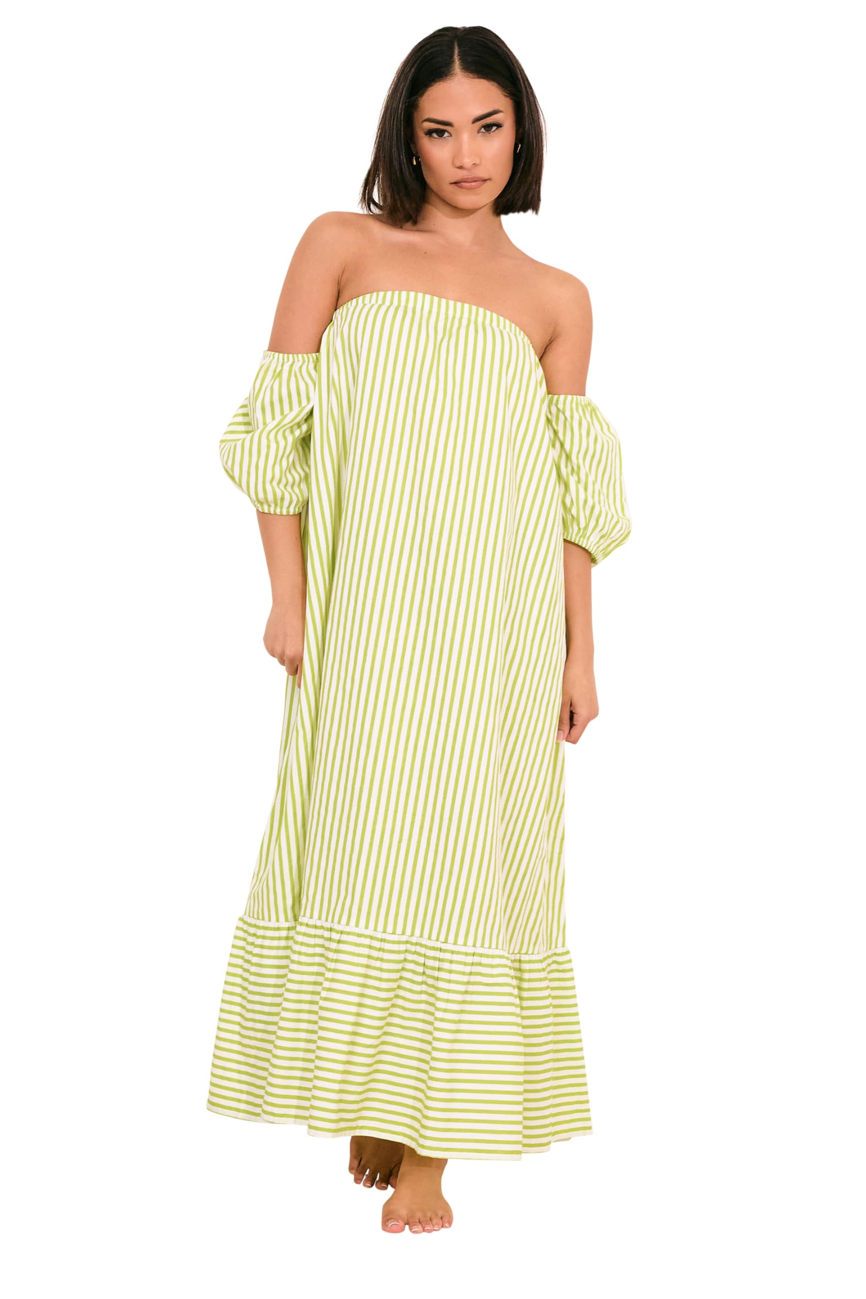 PixieGirl Petite Stripe Bardot Midaxi Dress - Lime Cotton - Size 12