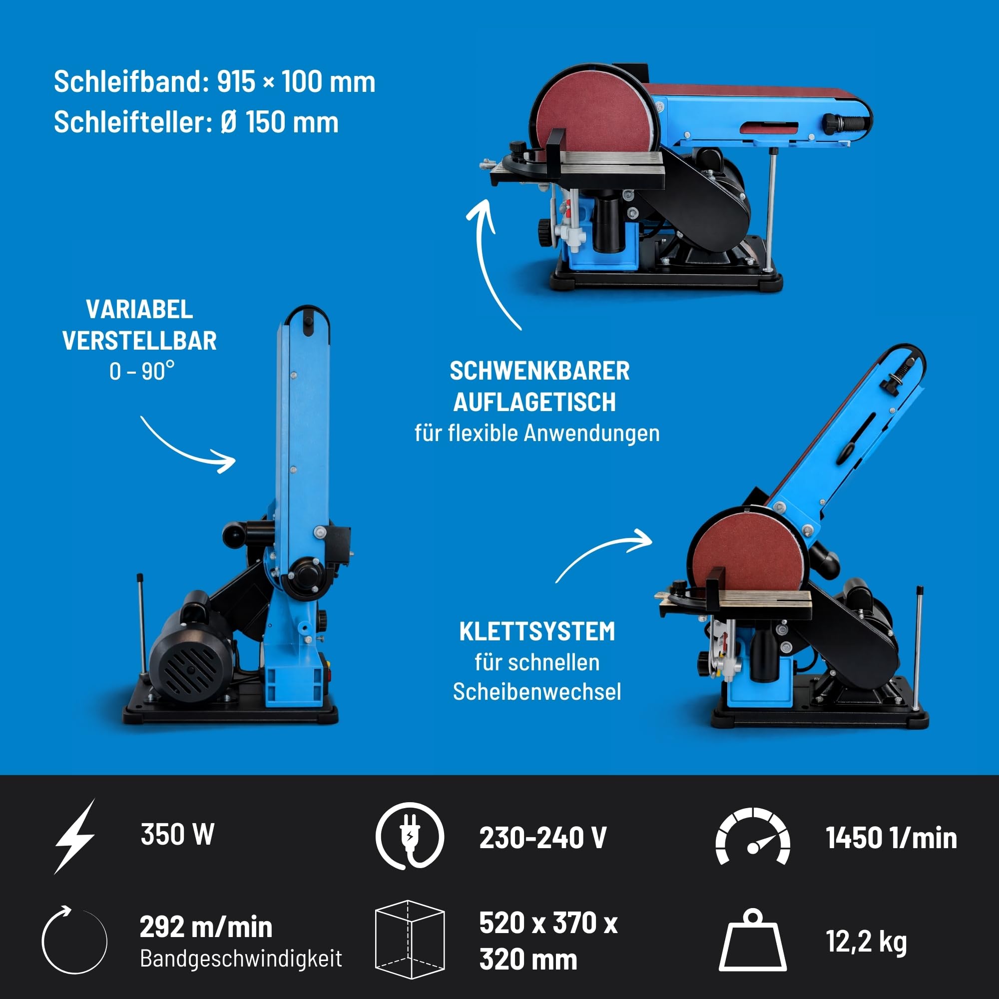 Güde Band- & Tellerschleifer GBTS 400 (350 W Motorleistung, 914 x 100 mm Schleifband-Maß, 282 m/min Bandgeschwindigkeit, 1450 1/min Schleiftellerdrehzahl, 36 mm Ø Staubsaugeranschluss)