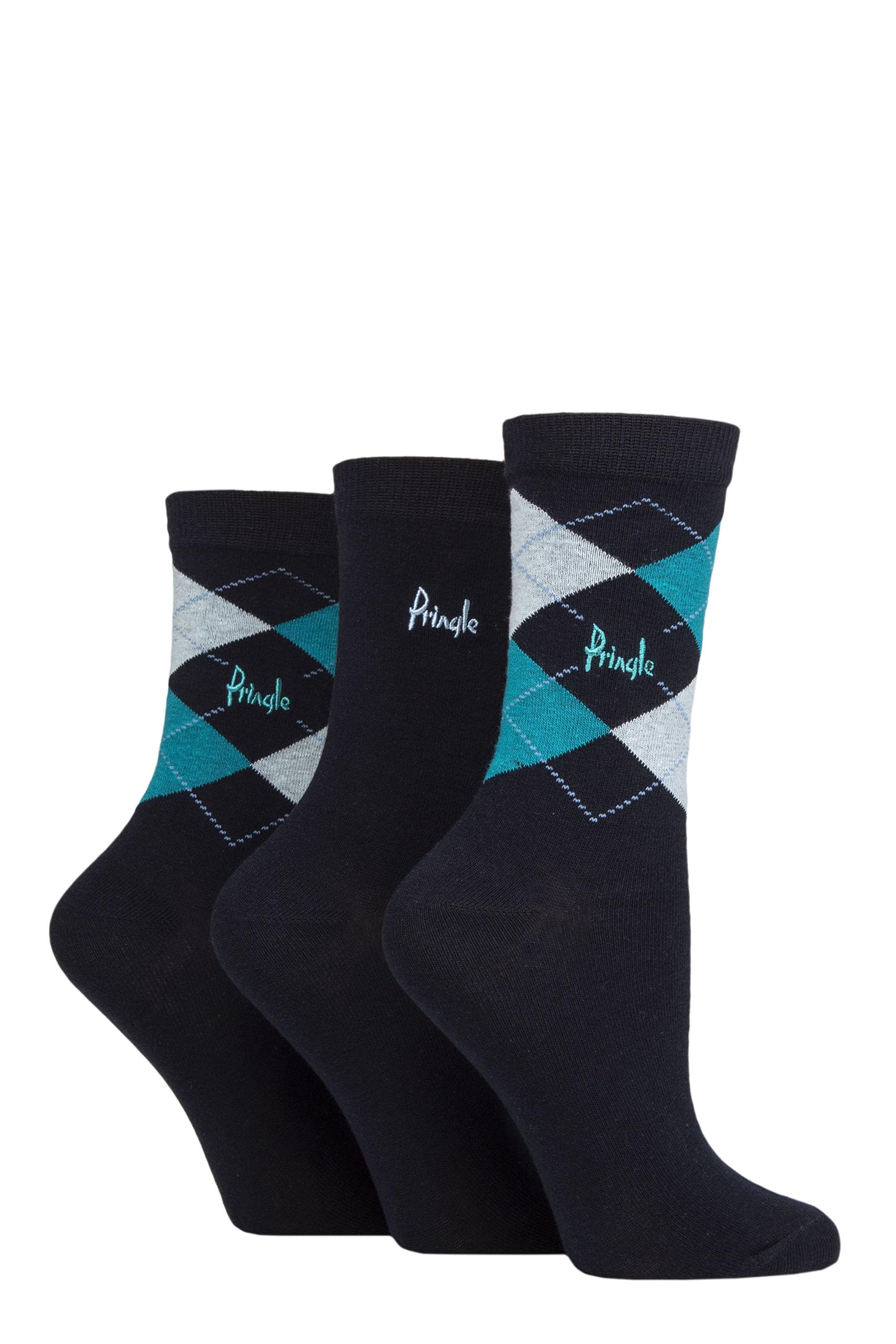 Pringle Ladies Socks in Gift Box - 'Louise' Plain and Argyle Patterned, Soft Cotton, Gift Idea Size 4-8 Navy/Teal