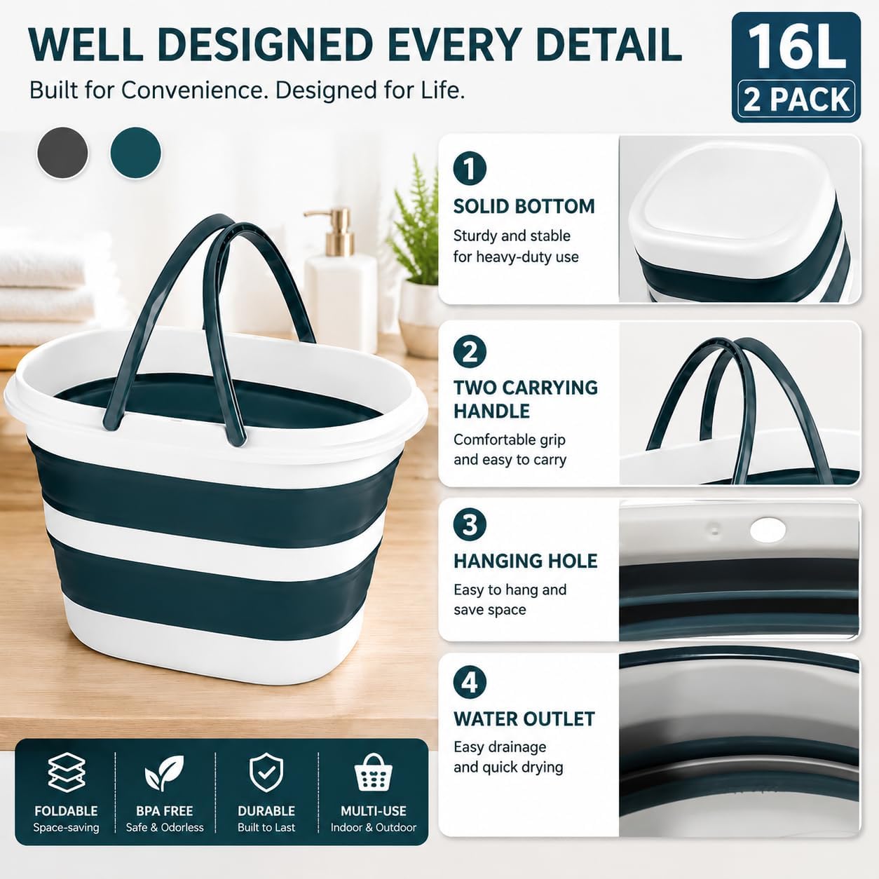 Coloch Lot de 2 seaux à Linge Pliables en Plastique de 16 l avec poignée, Seau à Eau Portable Peu encombrant pour Le Nettoyage de la Maison, de la pêche, du Camping, de la Voiture