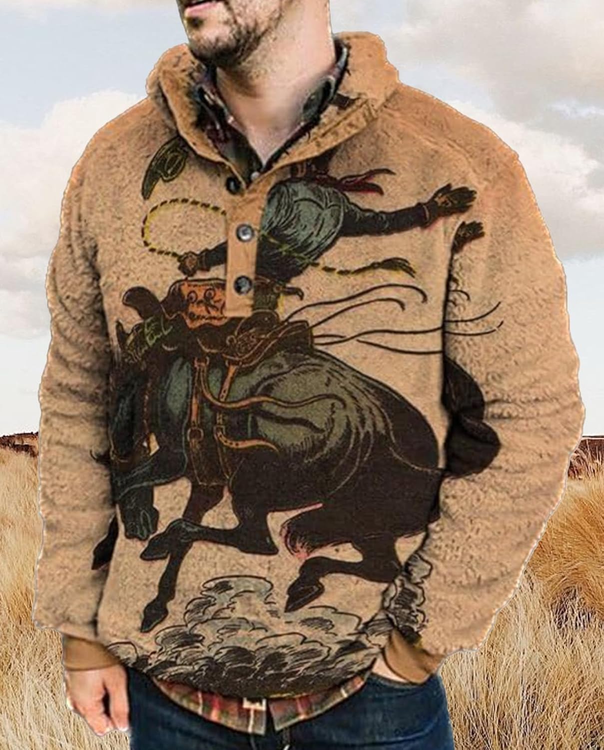 Western Sweatshirts for Men Aztec Fleece Pullover Sweatshirts Mens Vintage Print Fuzzy Sweatshirt - Image 3