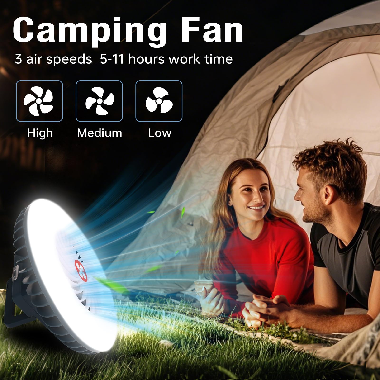 LED Campinglampe mit Ventilator USB-aufladbar, 2-in-1 Camping Ventilator mit Licht, Magnetisch Zelt Lampe Lanterne Outdoor Camping Zubehör für Wandern Angeln Strand Wohnwagen Camper Auto