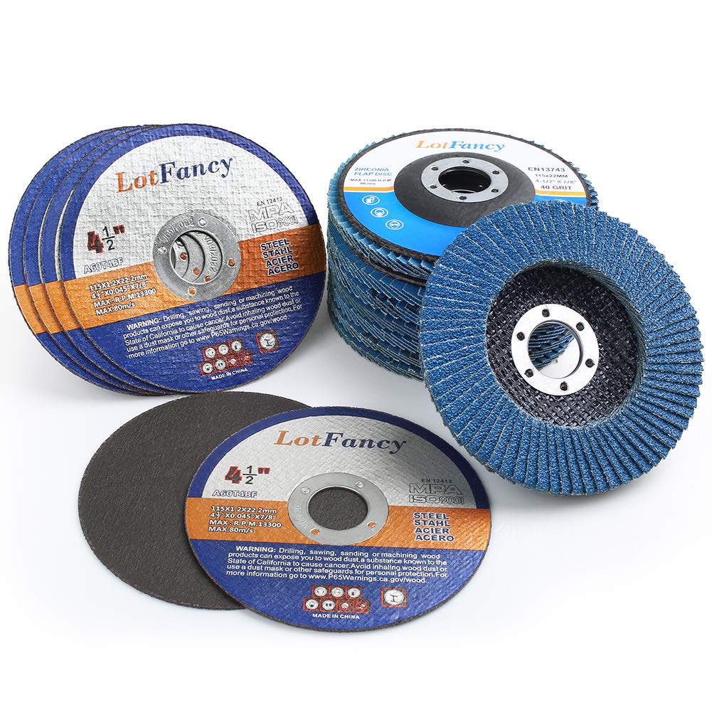 LotFancy 14PCS 4-1/2 Flap Discs and Cutting Wheels Set - 40 60 80 120 Grit Assorted Zirconia Alumina Sanding Grinding Wheels, Type #27, Metal Cut Off Wheels for Angle Grinders