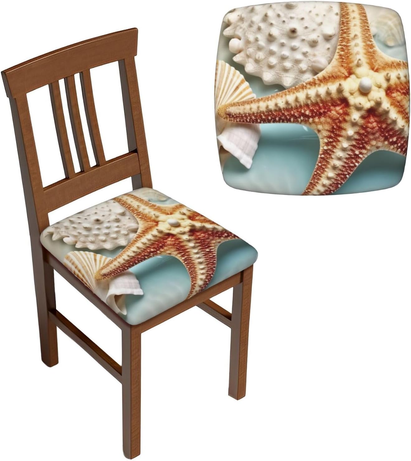 6PCS Stretch Seat Covers Set, Sea Shell Starfish Chair Covers for Dining Room, Square Chair Seat Slipcovers with Ties, Removable Washable Dining Chair Protector Seat Cover for Kitchen Office