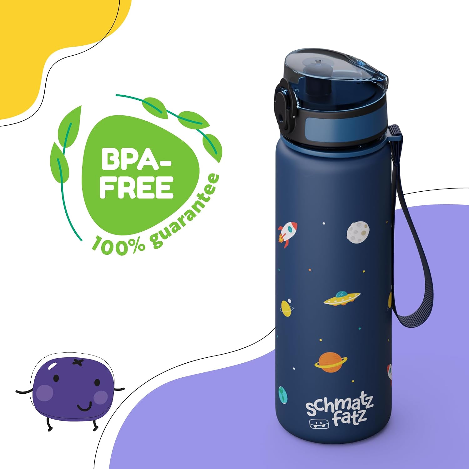 schmatzfatz Trinkflasche Kinder 500ml - Auslaufsicher, BPA-frei, 1-Klick-Verschluss, Tritan, Kinderfreundliches Design, Geeignet für Kohlensäurehaltige Getränke, Navy Space