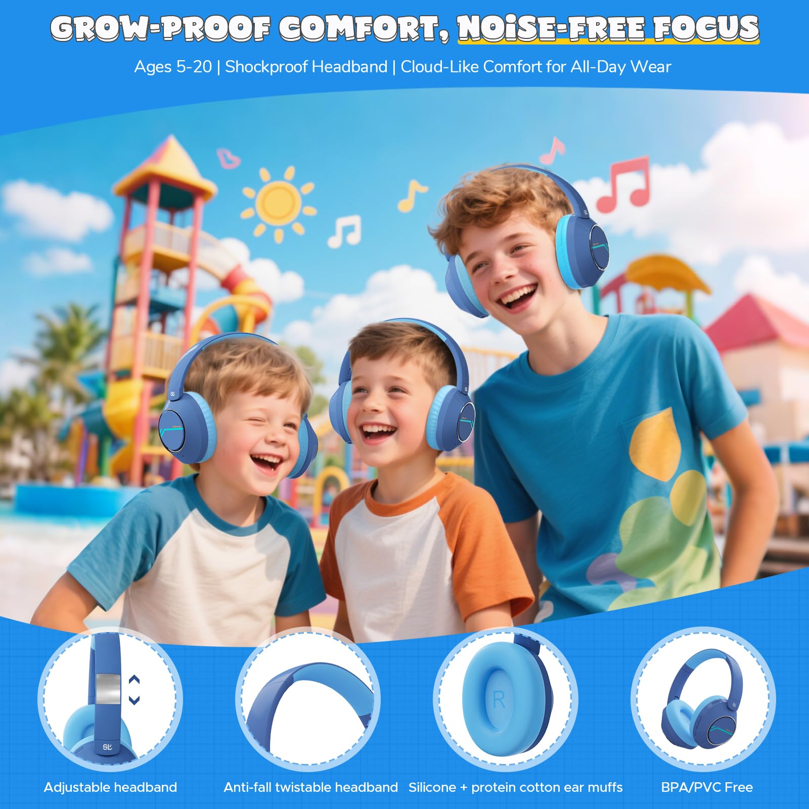 Steellumen Nova1Pro Kinder Kabellose Kopfhörer mit aktiver Geräuschunterdrückung, Bluetooth 5.4, 40H Spielzeit, Lautstärke begrenzt 75/85/94dB, Typ-C Schnellladung, Mikrofon, Faltbar für Schule/Reisen