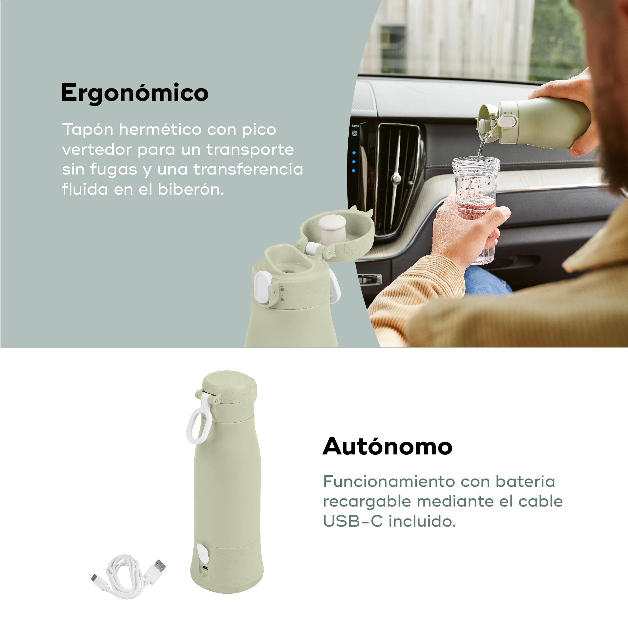 Babymoov Calientabiberones transportable inalámbrico Moov&Feed, Capacidad 340 ml, Agua o leche materna, Temperatura regulable, Mantenimiento en caliente (hasta 7h), Recarga USB, Sage green